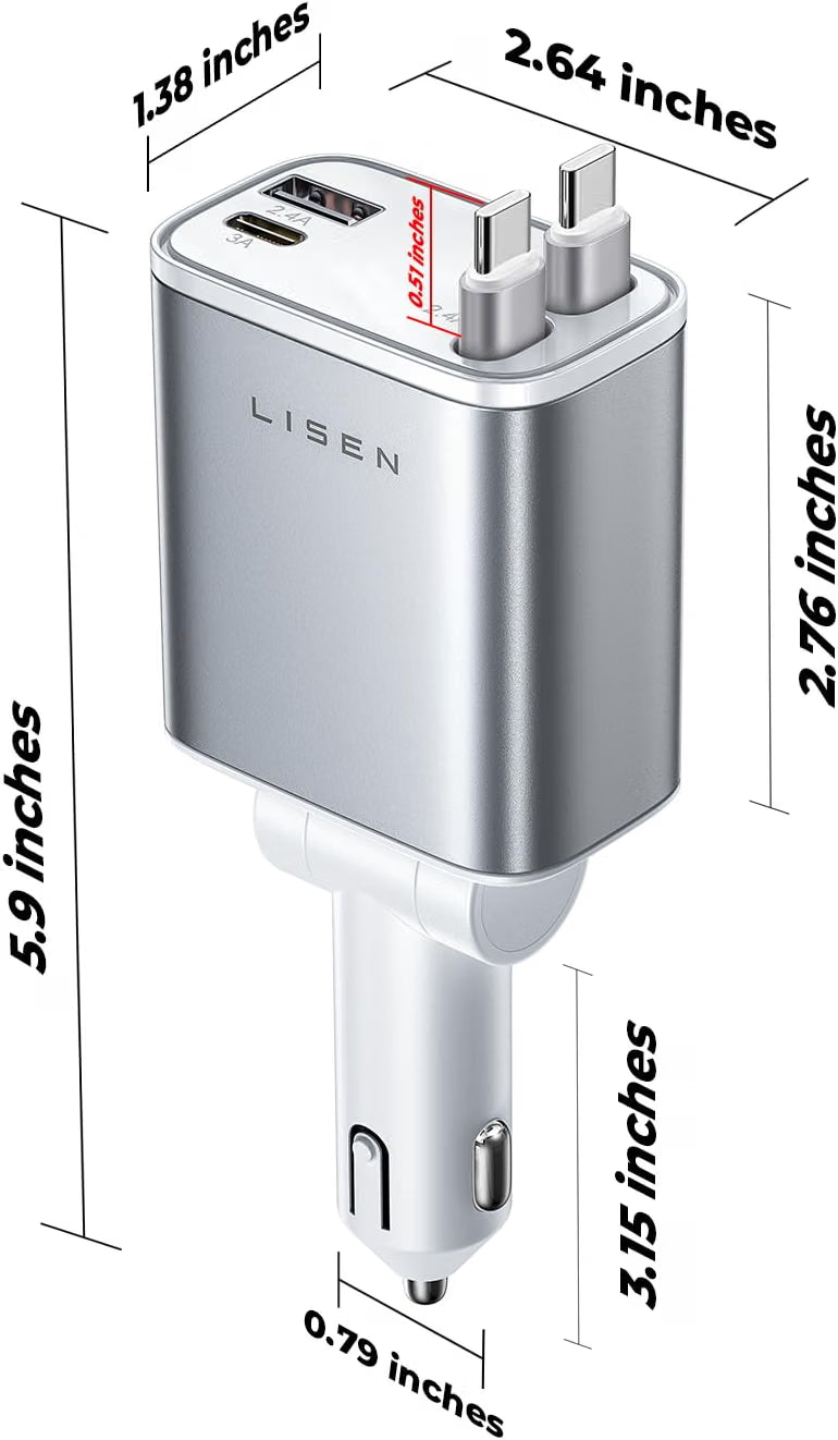 LISEN Retractable Car Charger USB C Fast Charge for iPhone 17 16 15 Pro Max