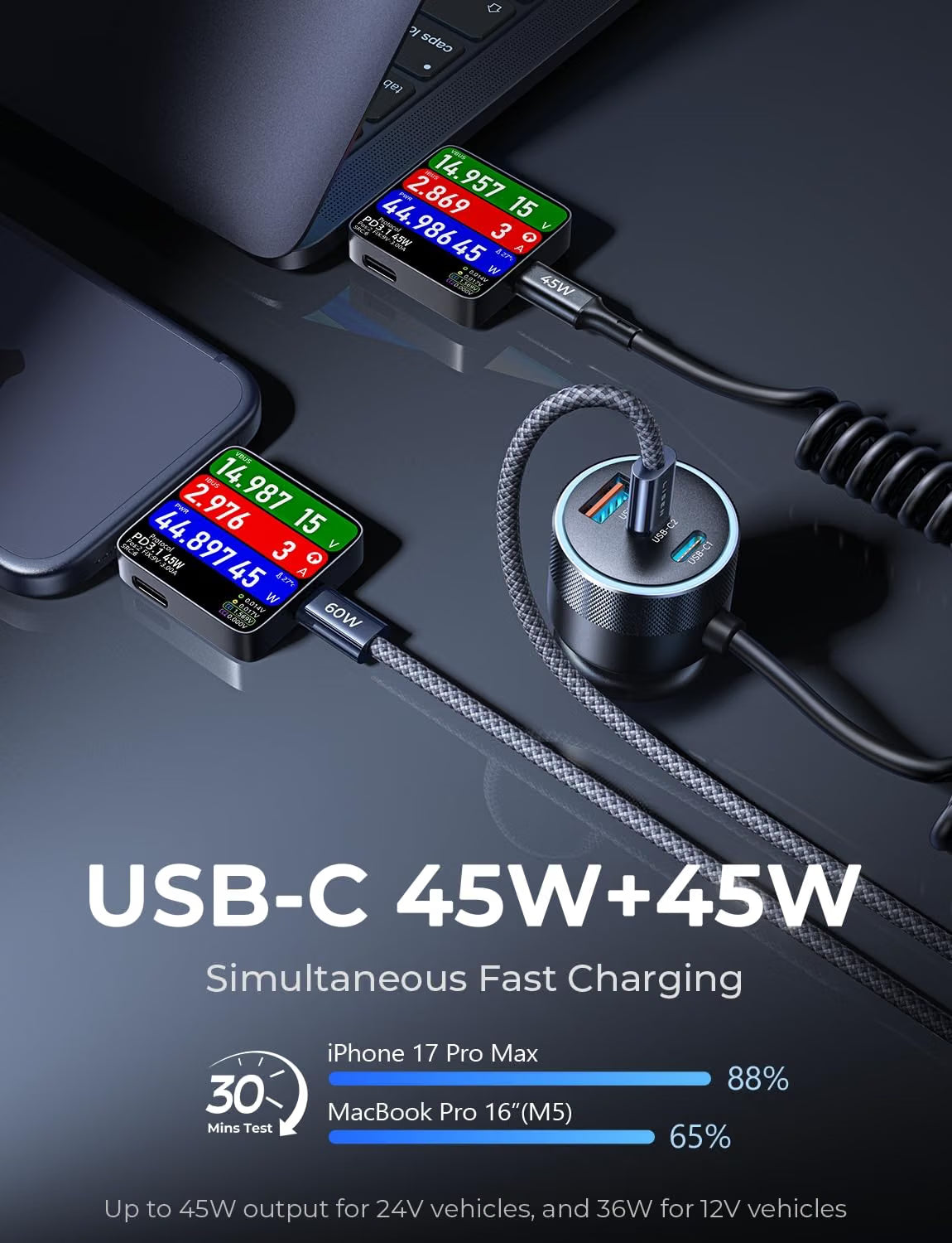 LISEN 4-in-1 Cigarette Lighter USB Charger Fast Charge Metal 12/24V Adapter 2×45W USB‑C+30W USB‑A+45W C Cable, 24V Car Phone Charger PD3.0/QC/PPS for iPhone 18 Samsung