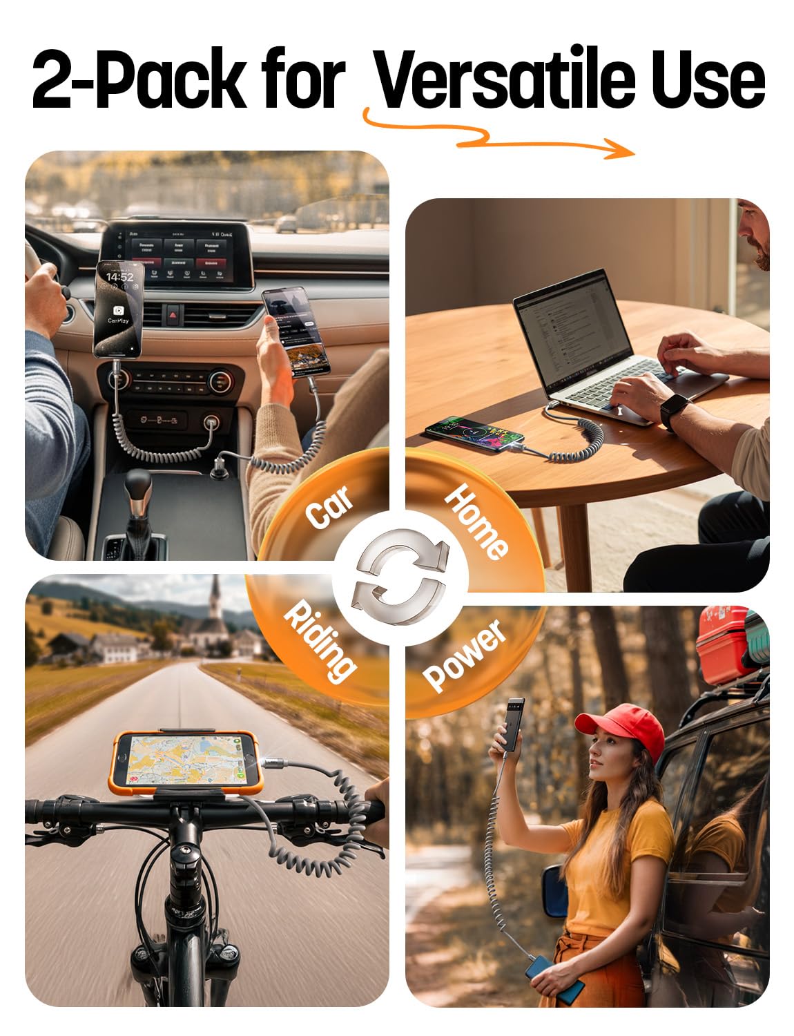 LISEN コイル状 USB C ケーブル 2本パック Android Auto & CarPlay ケーブル用 ショート USB A - USB C ケーブル iPhone 17/16/15、Samsung Galaxy S25/S24/S23 A15/A14、Google Pixel 9/8 対応 スペースグレー 4フィート