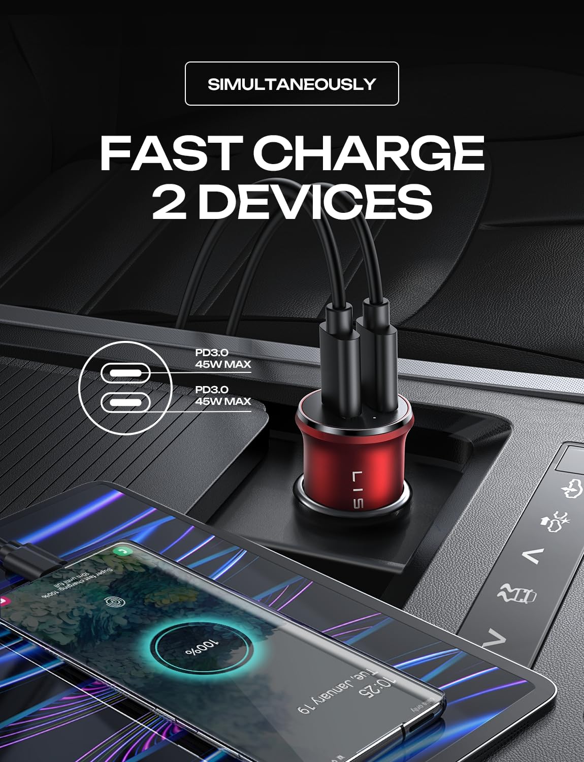 LISEN 90W USB C Car Charger USB C Fast Charge, PD3.0 Fast Car Charger, Red