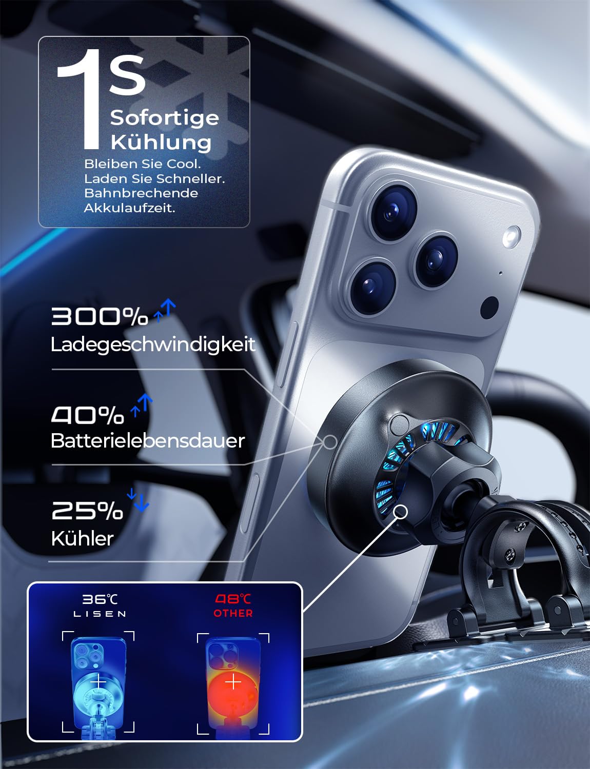 LISEN Qi2.2 25W MagSafe Autohalterung mit Kühllüfter & 95 W Ladegerät |