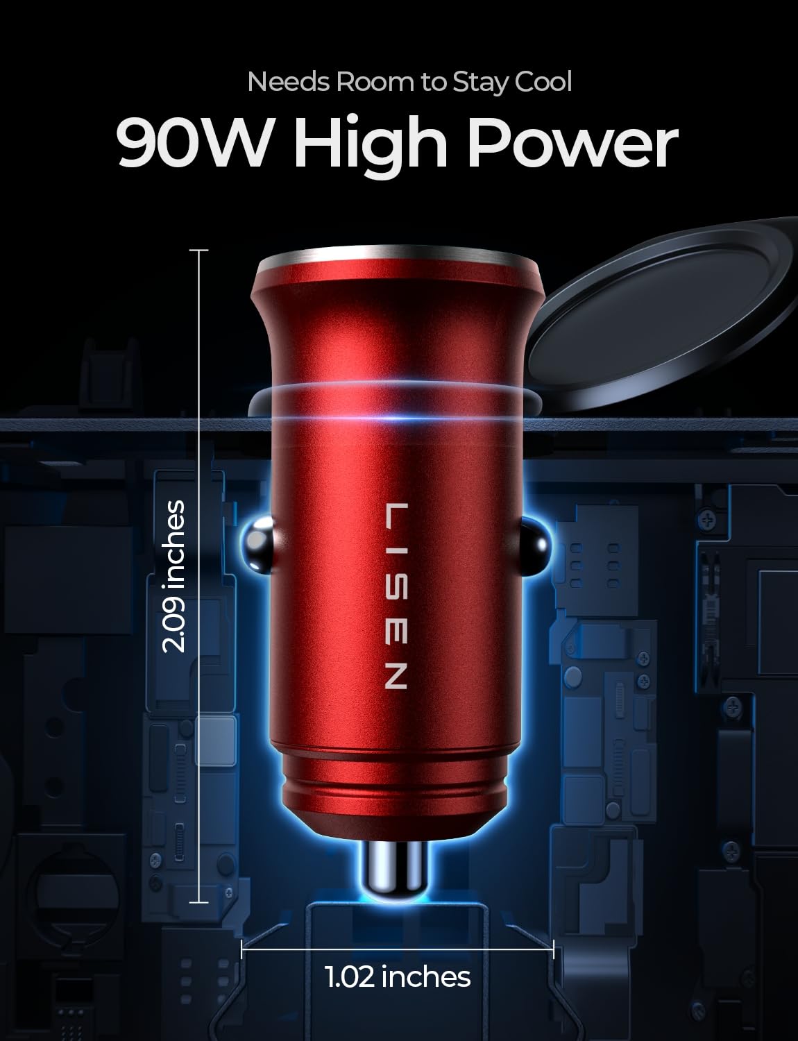 LISEN 90W USB C Car Charger USB C Fast Charge, PD3.0 Fast Car Charger, Red