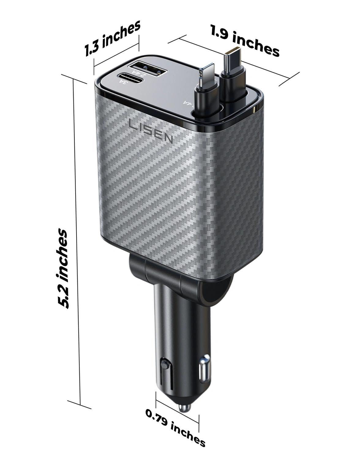 LISEN Retractable Car Charger, 84W Car Charger USB C Fast Charger Adapter, Car Accessories for Men Women, Gifts for Fathers Day for Men Dad Husband, for iPhone 17 16 15 14 13 12 Pro Max, Carbon-Grey