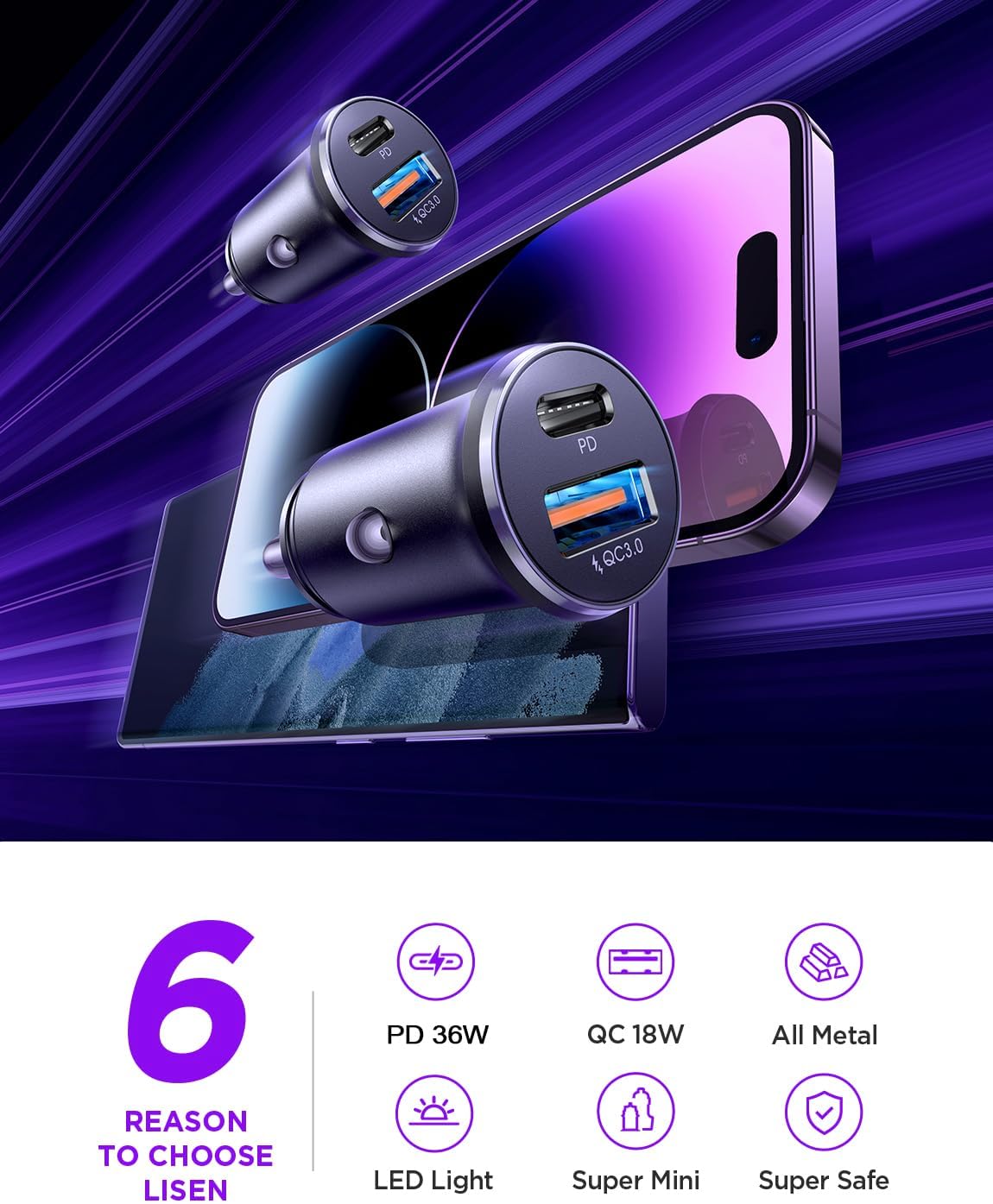 LISEN 2er-Pack USB C Auto-Ladegerät 54W Auto-Zigarettenanzünder-USB-Ladegerät
