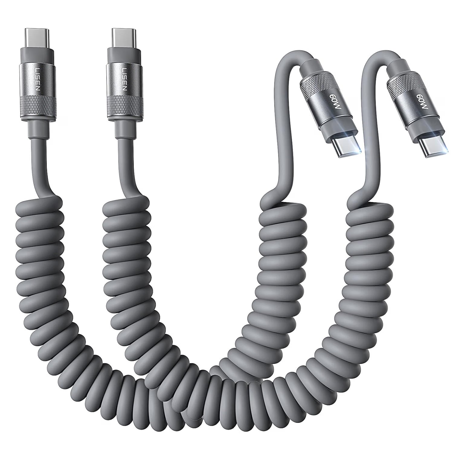 LISEN Coiled USB C Cable 2 Pack 60W Chubby Cable C to C Cable Fast Charging