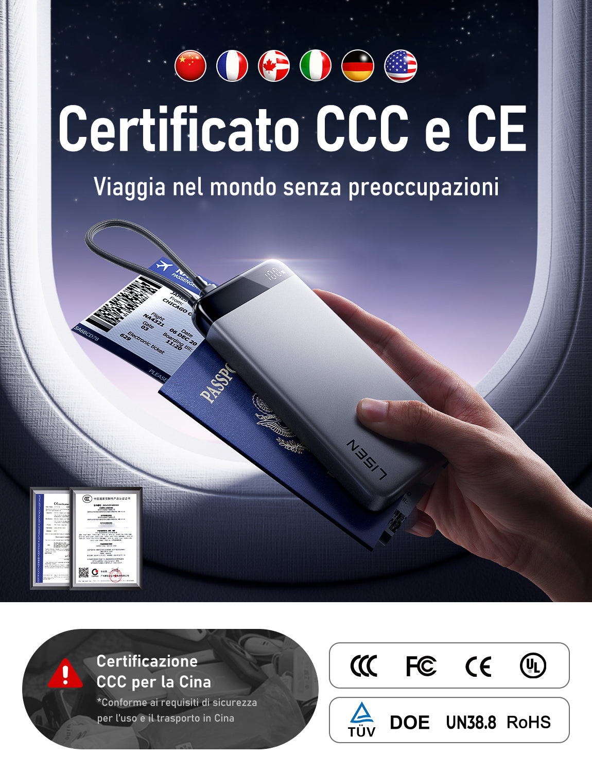 LISEN Power Bank CCC 20000 mAh 55 W, Powerbank CCC Slim Portable Charger con Smart Display e Certificate, Cavo USB-C Integrato, Compatibile con Xiaomi, iPhone 18 Pro Max/17/16, Samsung S25, iPad