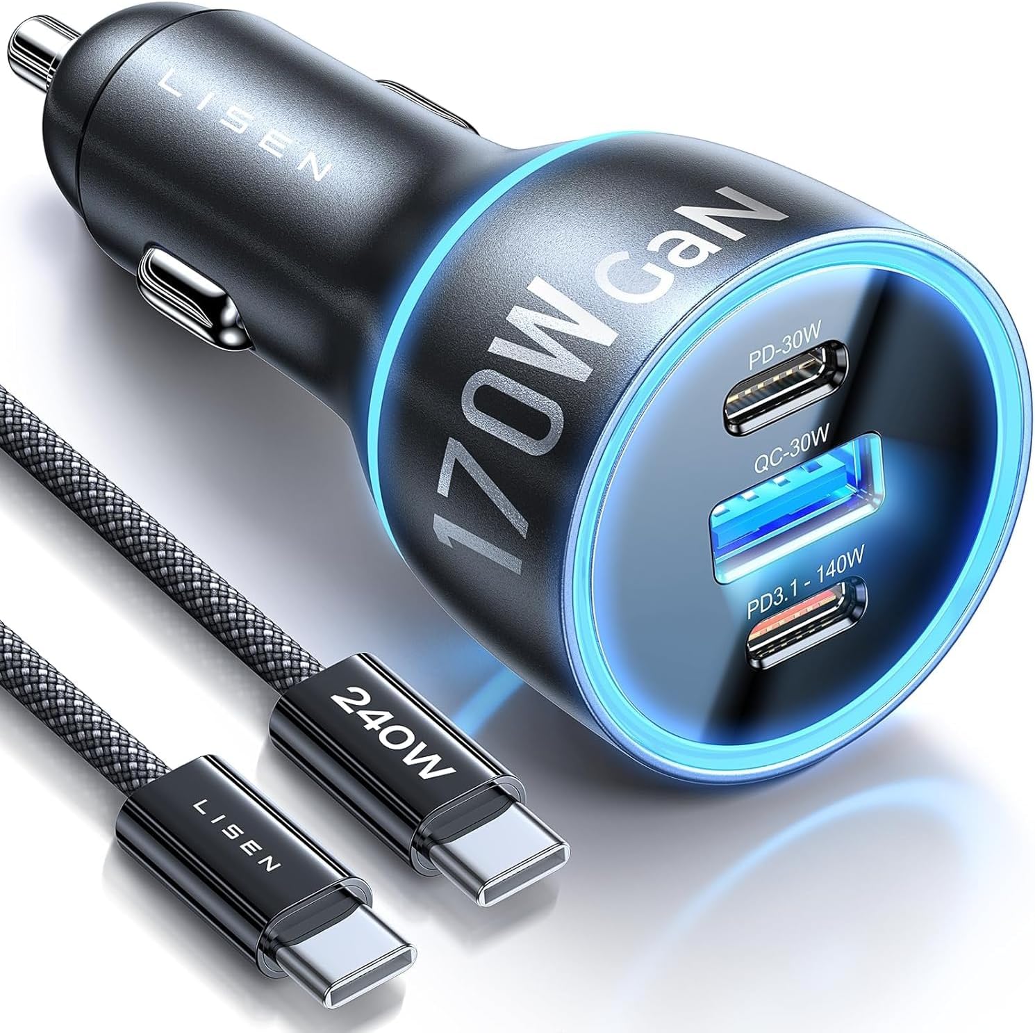 LISEN 170W カーチャージャー USB C 急速充電 カーチャージャー GaN チップ PD3.1 140W+PD30W/QC30W シガレットライター USB 充電アダプター iPhone17/16、MacBook Pro/Air、ノートパソコン、Samsung S25/S24 用