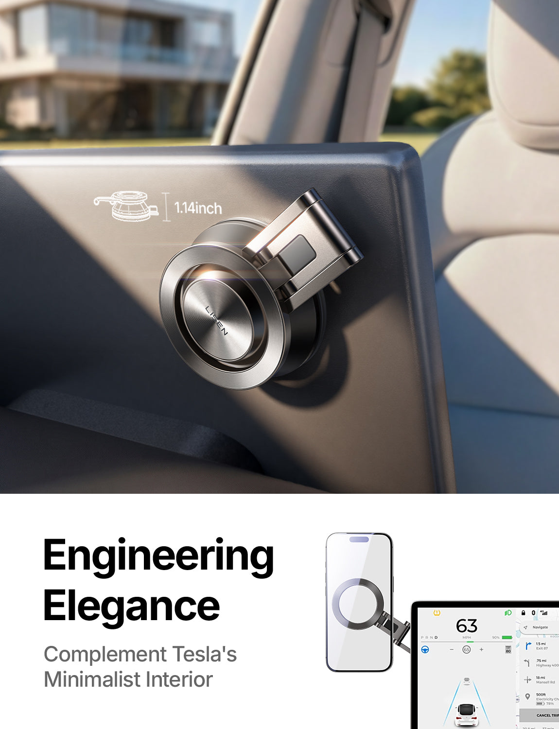 LISEN Tesla Phone Mount for Car [Ultra Suction], Hands Free Magnetic Phone Holder for Tesla 3 Y S X Screen Dashboard, only for iPhone 18 17 16 15 Pro Max Mini & Magsafe Cases Only