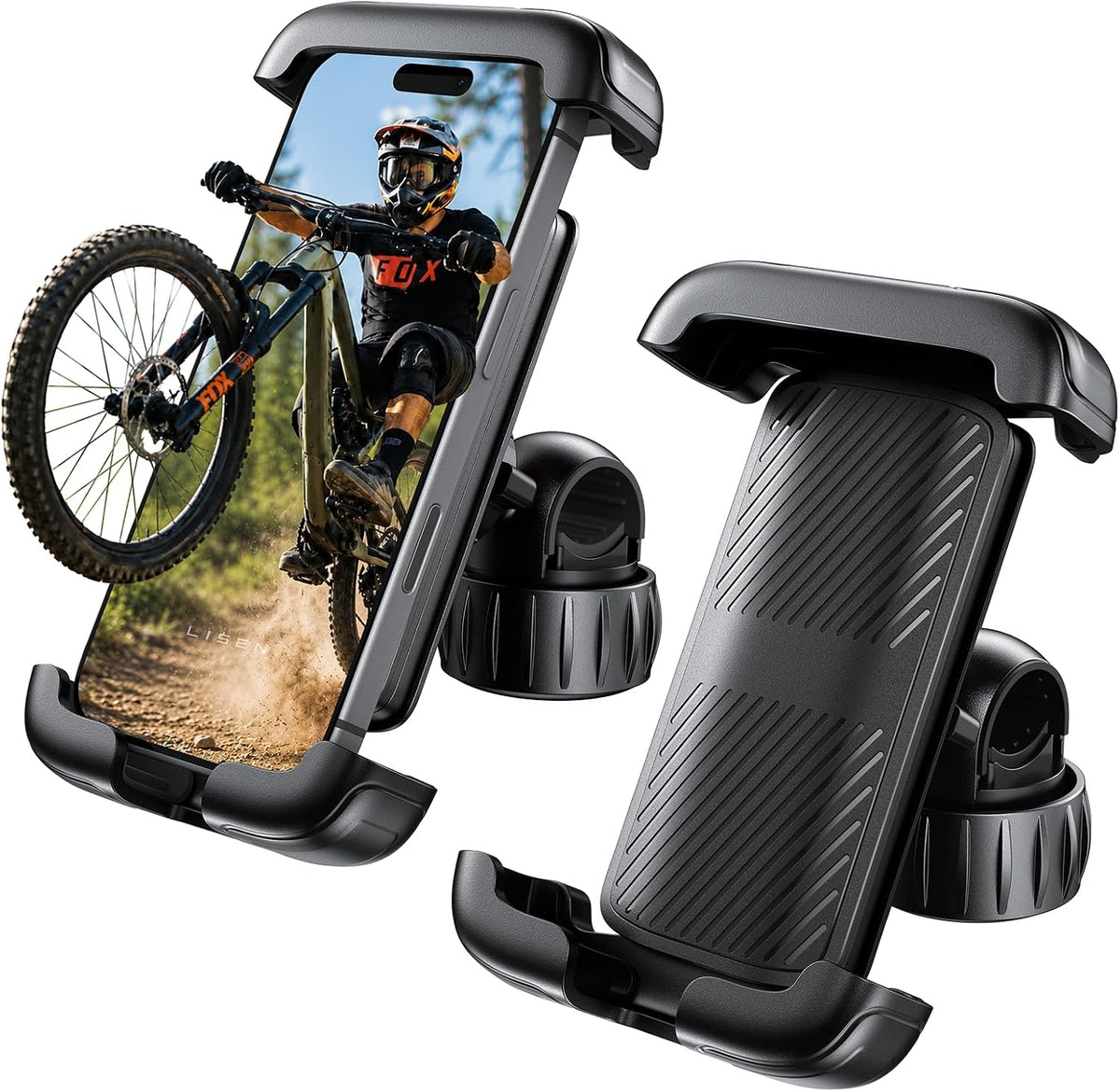 LISEN Bike Phone Holder, [Super Easy Install] Motorcycle Phone Mount Ebike Accessories Bicycle Handlebar Holder Mount Gifts for Adults Kids Men MountainMiniBikeScooter GearAccessories Black for 2 Pack