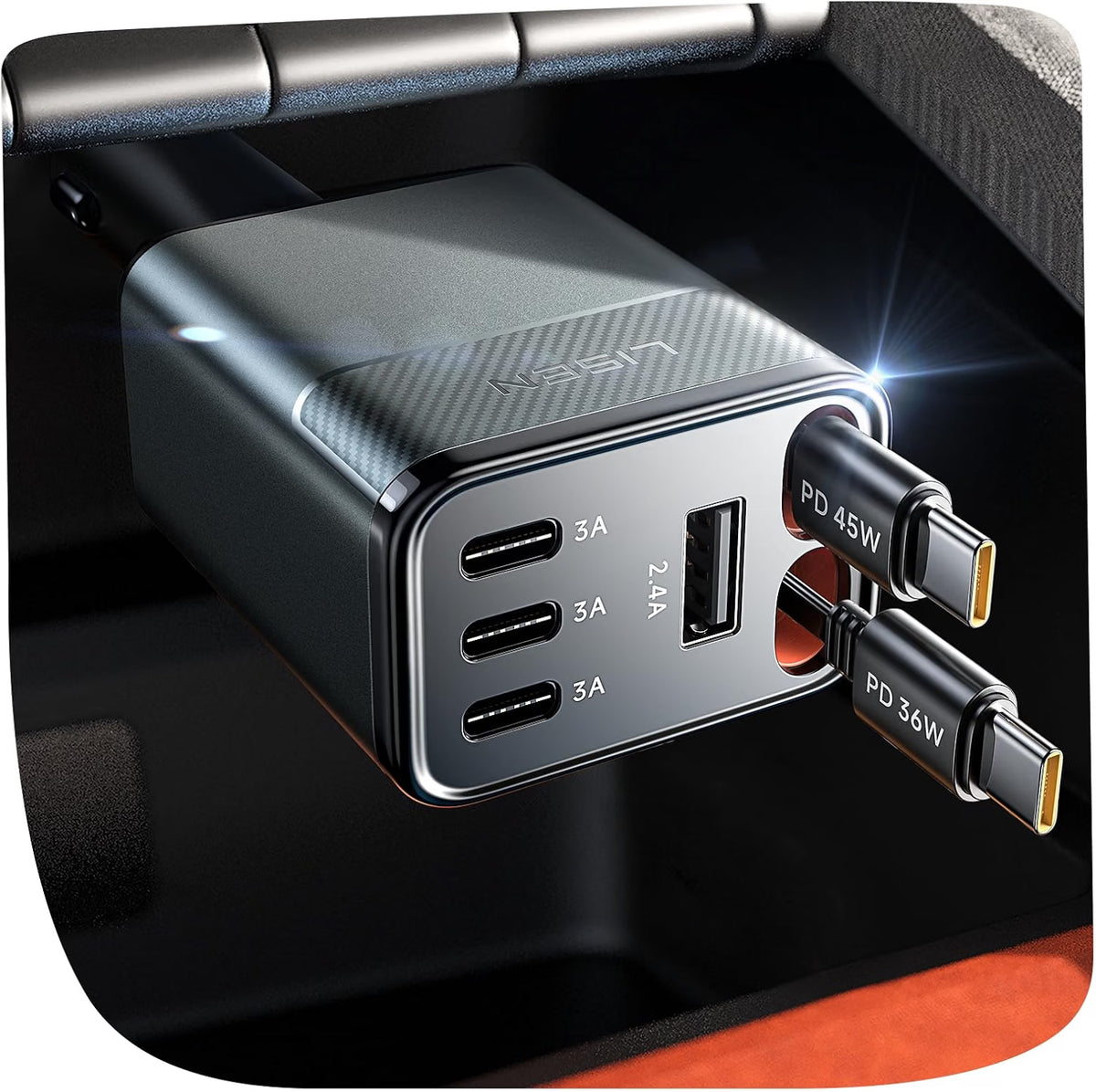 LISEN 138W Retractable USB C Car Charger Fast Charge 6-Port for iPhone 18
