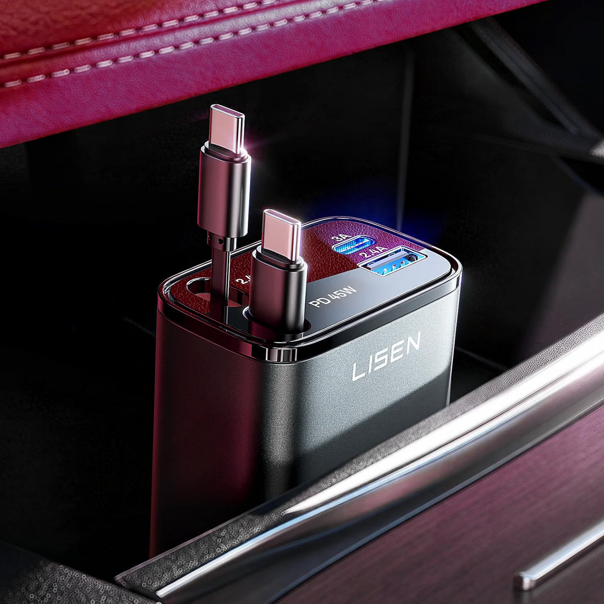 LISEN 84W Fast Charge Car Phone Charger USB C Retractable Cable (2×80cm)