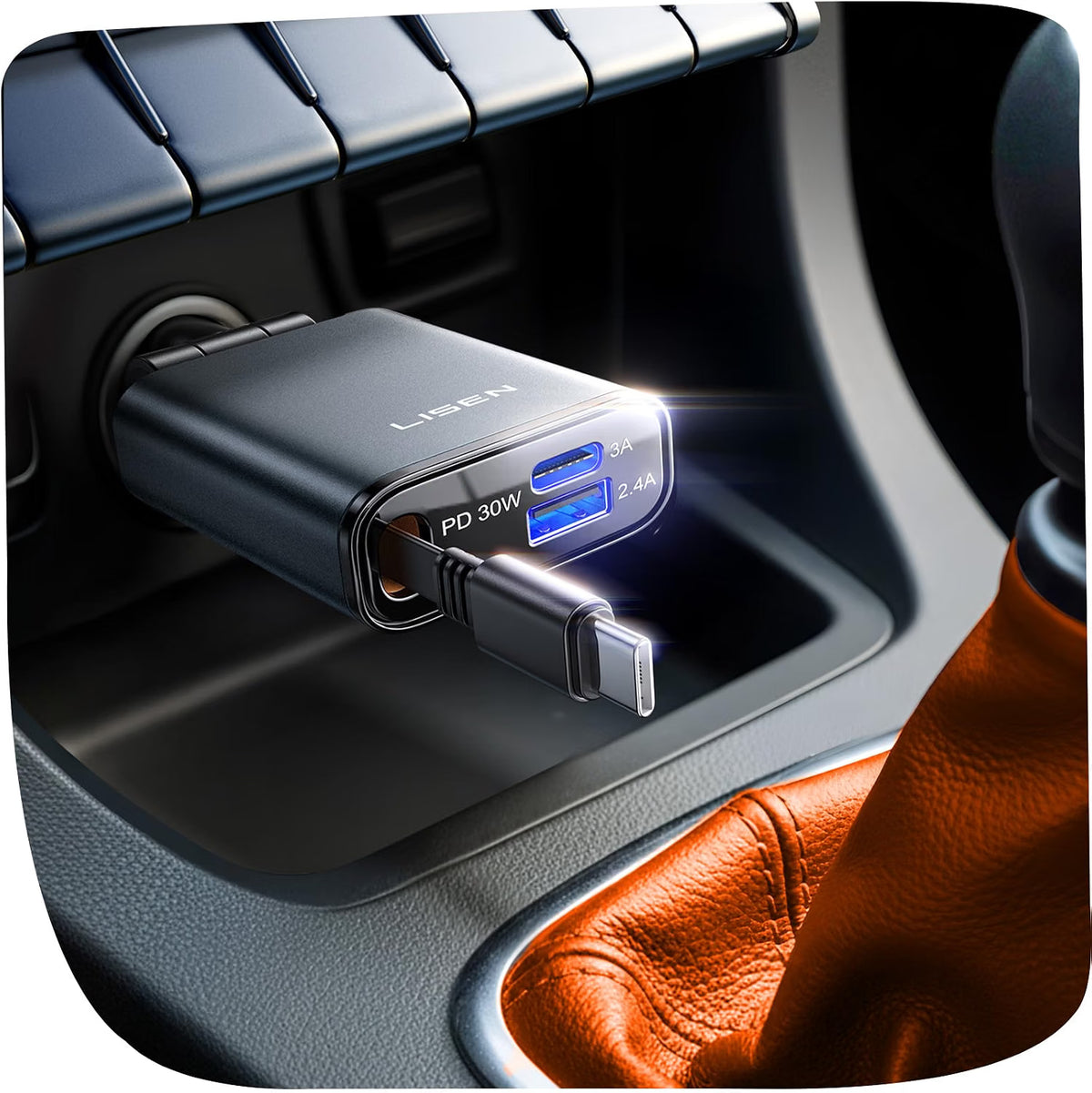 LISEN Compact 3 in 1 Retractable Car Phone Charger USB C Fast Charge 57W Cigarette Lighter USB Charger 80cm Type-C Cable, 12/24V Car Adapter Socket Car Accessories