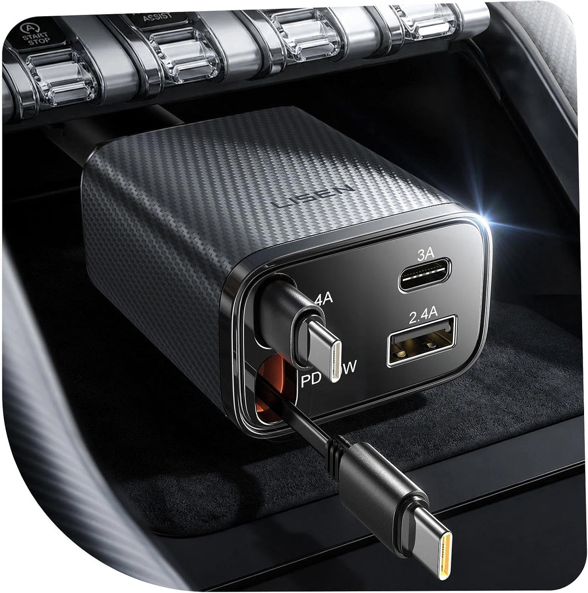 LISEN Retractable Car Charger USB C [Upgraded Dual Type C] 75W Fast 4 in 1 Car Charger for iPhone 17, Gifts for Him Her Men Women, Carbon Black