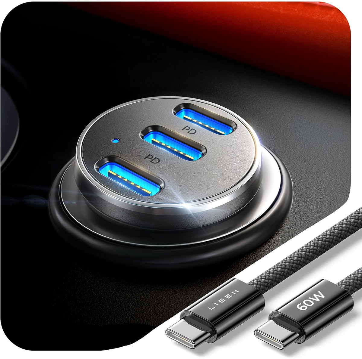 LISEN 108W Car Charger USB C Fast Charging for iPhone Duo 3-Port Cigarette Lighter Adapter Super Fast Charge 12V Type C Cell Phone Automobile Chargers for iPhone 18 17 16 15 Pro Max Samsung S26 Pixel
