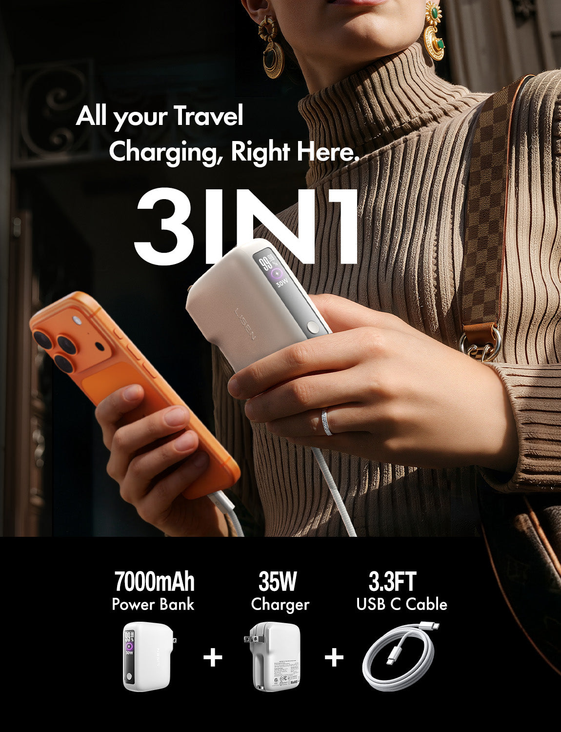 LISEN 3-in-1 ファストトラベルチャージャー、35W ウォールチャージャー &amp; 27W パワーバンク、3.3フィート USB-C ケーブルと折りたたみ式プラグ内蔵ポータブルチャージャー、iPhone 17/16 シリーズ、Galaxy、Pixel 10 用 7000mAh バッテリーパック