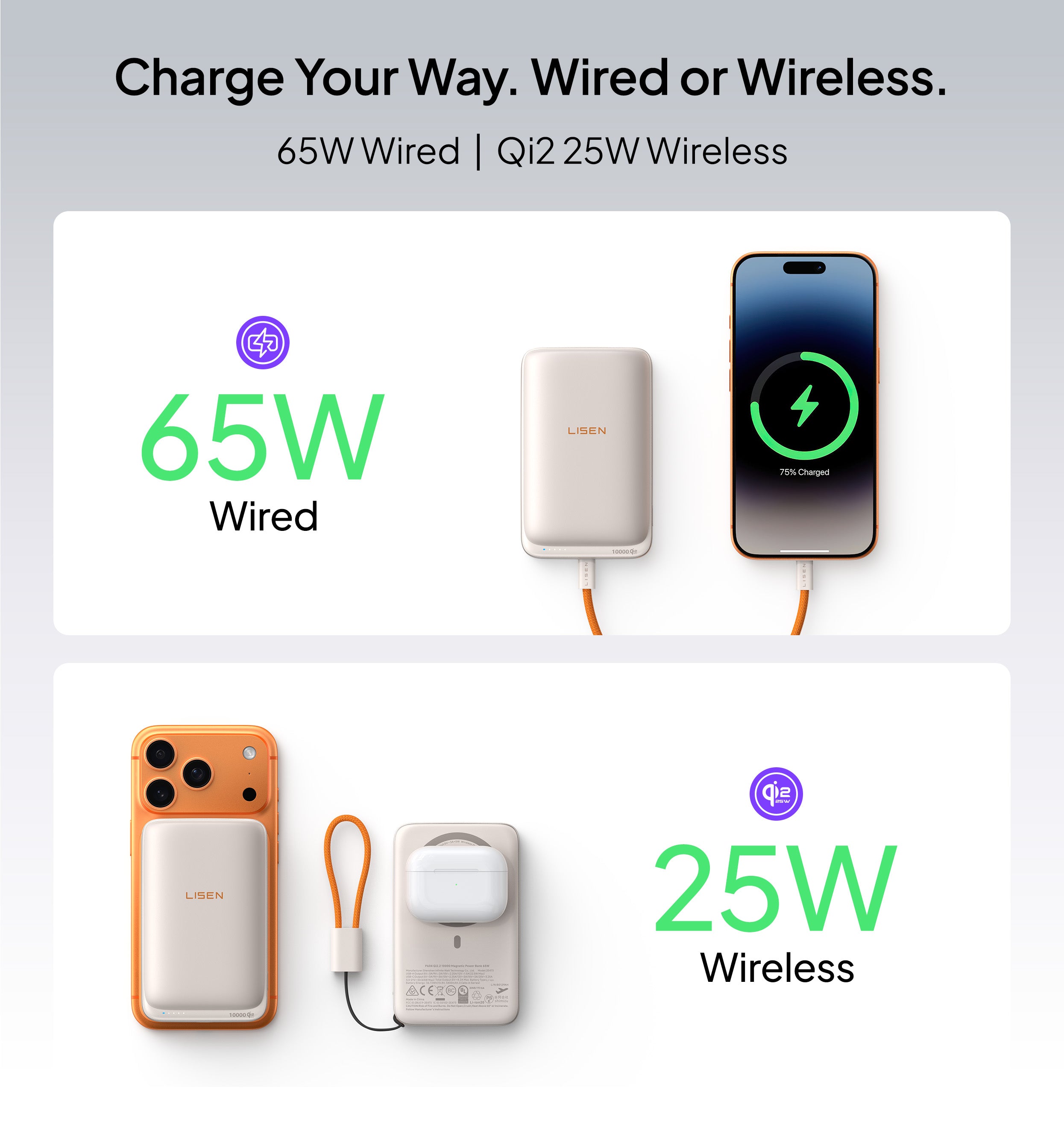 LISEN Qi2.2 25W Power Bank with Built-In USB-C Cable