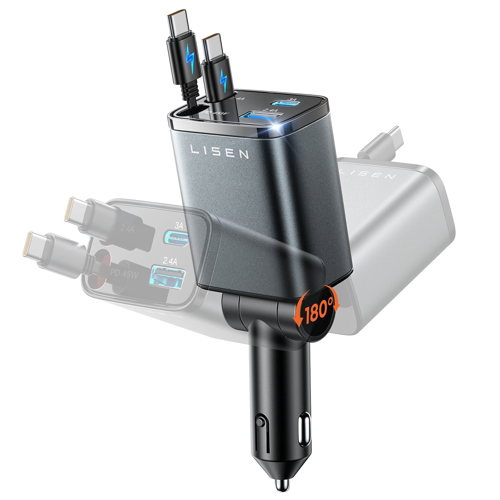 LISEN Versenkbares Kfz-Ladegerät USB C [Verbessertes Dual Type C] 75W Schnellladefunktion 4-in-1 Kfz-Ladegerät für iPhone 17, Road Trip Essentials Geschenke für Männer Frauen, Auto Zubehör für Galaxy S26 Phone 17e 16 15 Pro Max