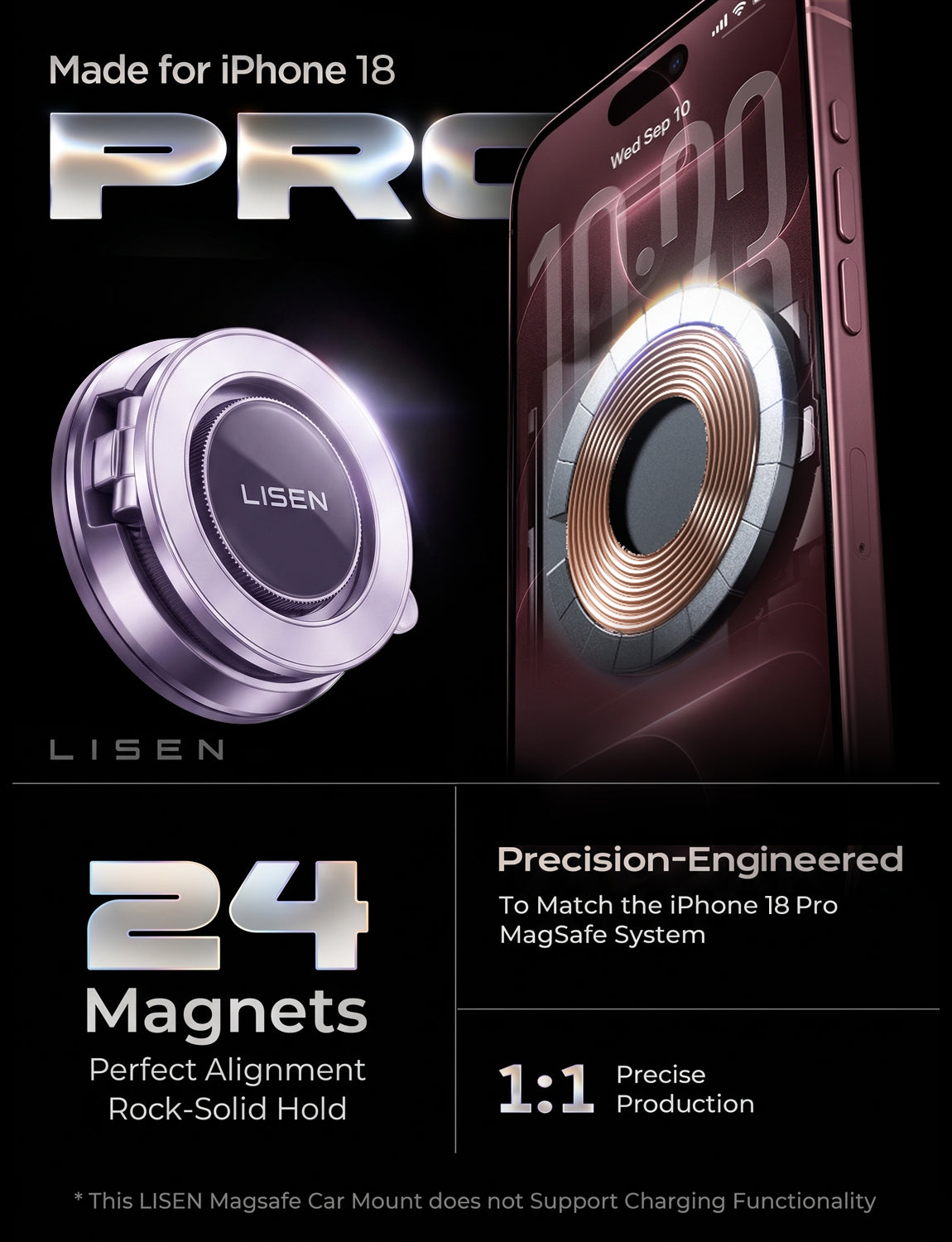 LISEN Suction Phone Mount for Vacuum for iPhone 18 Pro Max Car Mount Holder [All-Metal & Nano Gel 98+LBS Suction], 360 Adjustable Magnetic Phone Holder for Car for iPhone 18 17 16, Purple