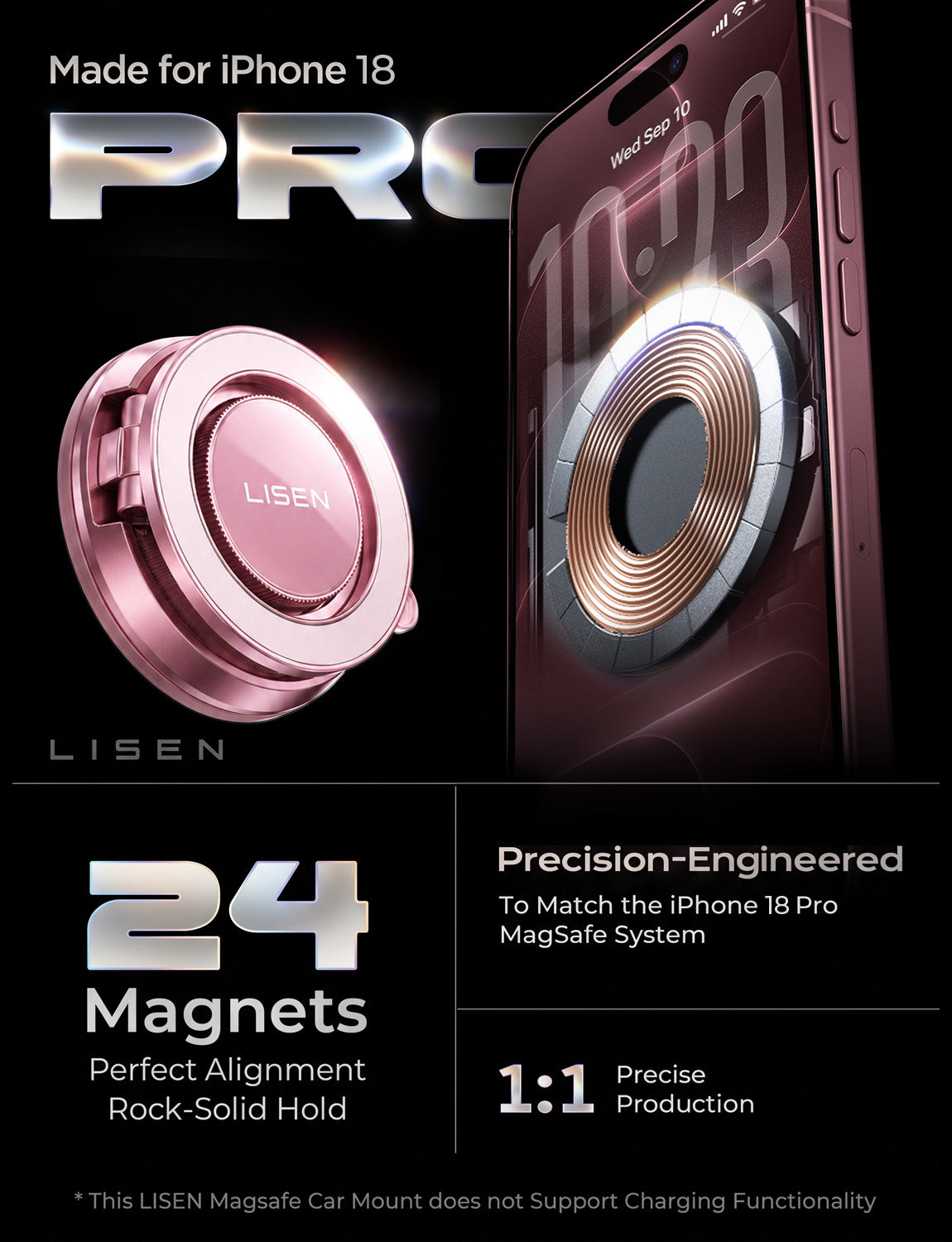 LISEN Suction Phone Mount for Vacuum for iPhone 18 Pro Max Car Mount Holder [All-Metal & Nano Gel 98+LBS Suction], 360 Adjustable Magnetic Phone Holder for Car for iPhone 18 17 16, Pink