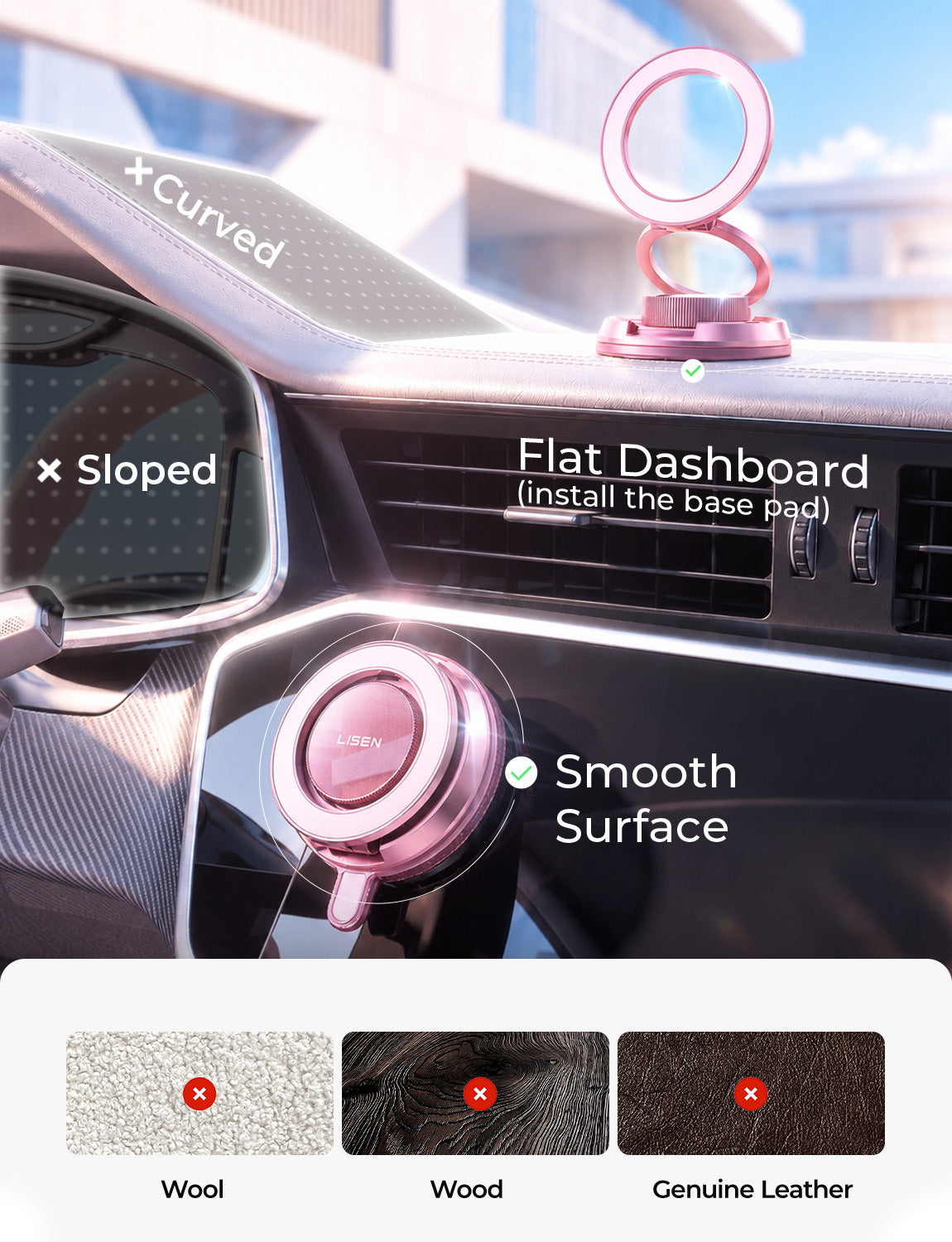 LISEN Suction Phone Mount for Vacuum for iPhone 18 Pro Max Car Mount Holder [All-Metal & Nano Gel 98+LBS Suction], 360 Adjustable Magnetic Phone Holder for Car for iPhone 18 17 16, Pink