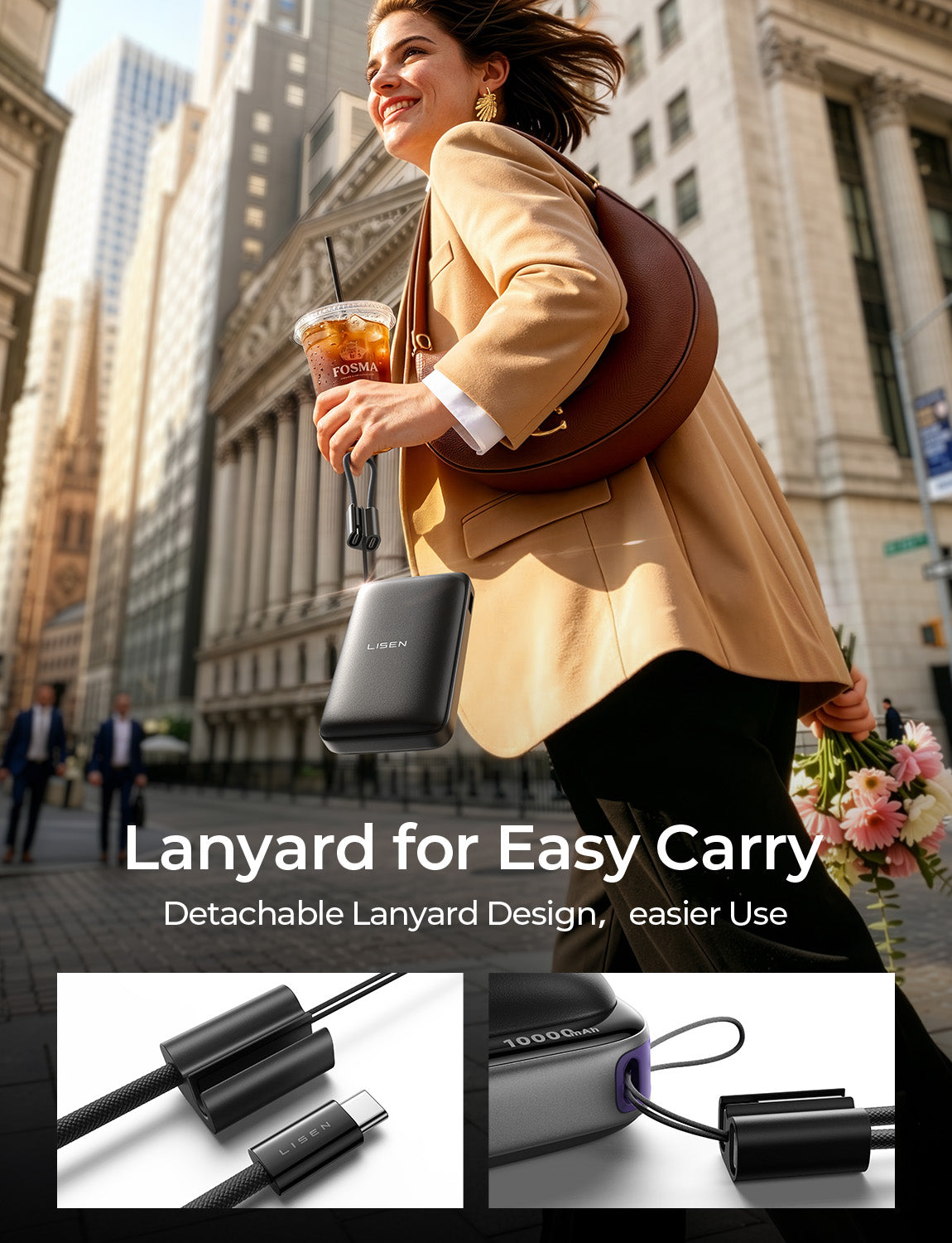 LISEN 10000mAh Qi2 MagSafe Power Bank with Detachable Cable