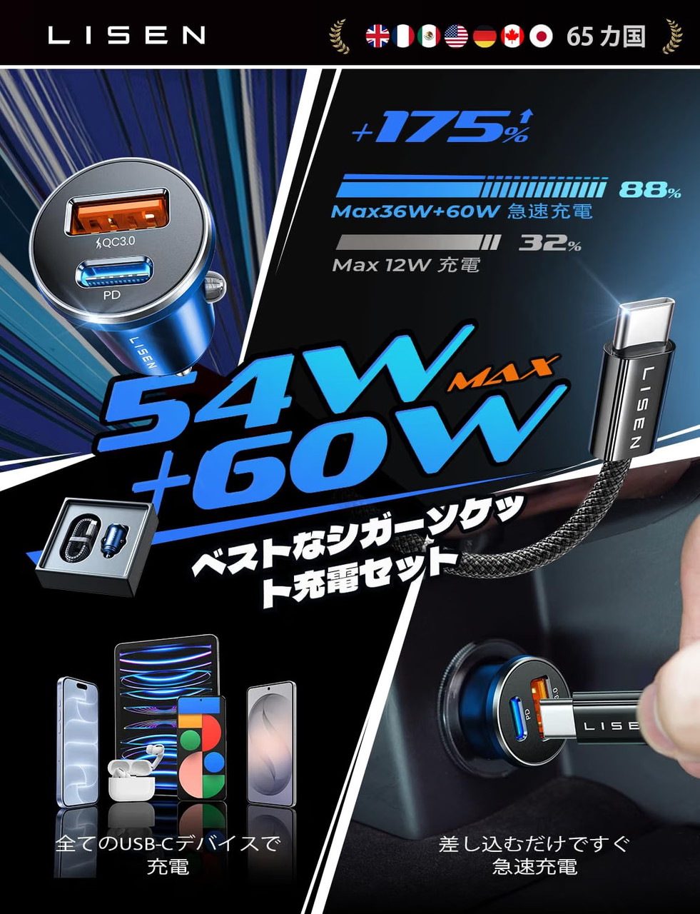 LISEN シガーソケット USB-C PD36W + USB-A QC18W 急速充電 カーチャージャー タイプc【最強のコスパ・ステルス設計】