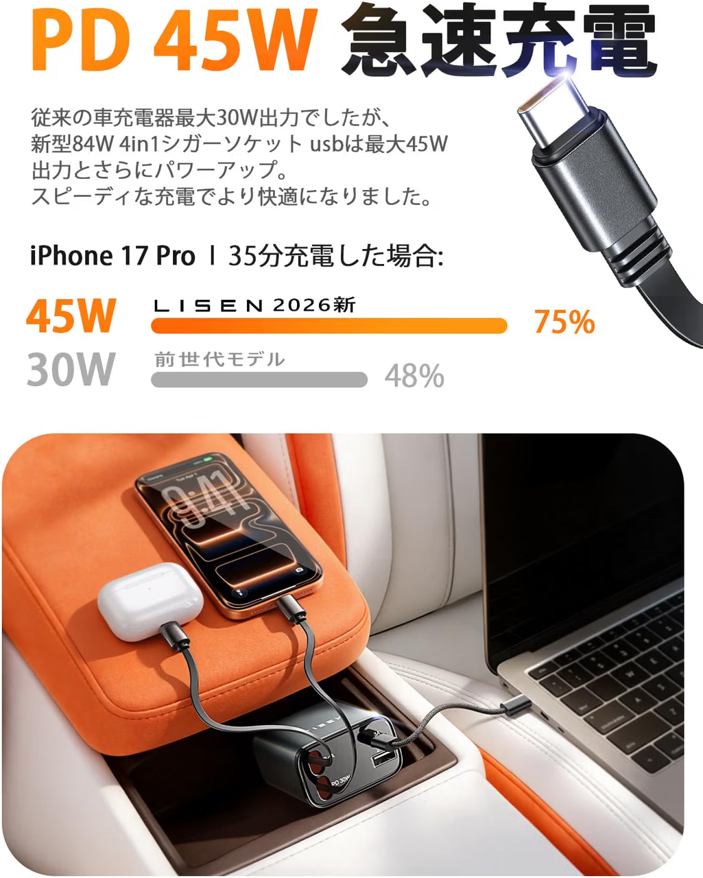LISEN 車 充電器巻き取り しがーソケット usb【2026年・69W急速充電・最小4in1】シガーソケット USB-C + USB L