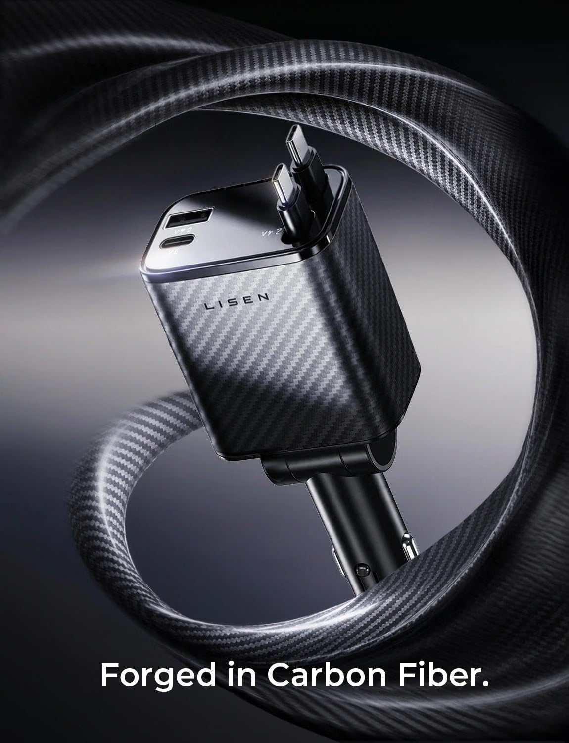 LISEN Retractable Car Charger USB C [Upgraded Dual Type C] 75W Fast 4 in 1 Car Charger for iPhone 17, Gifts for Him Her Men Women, Carbon Black