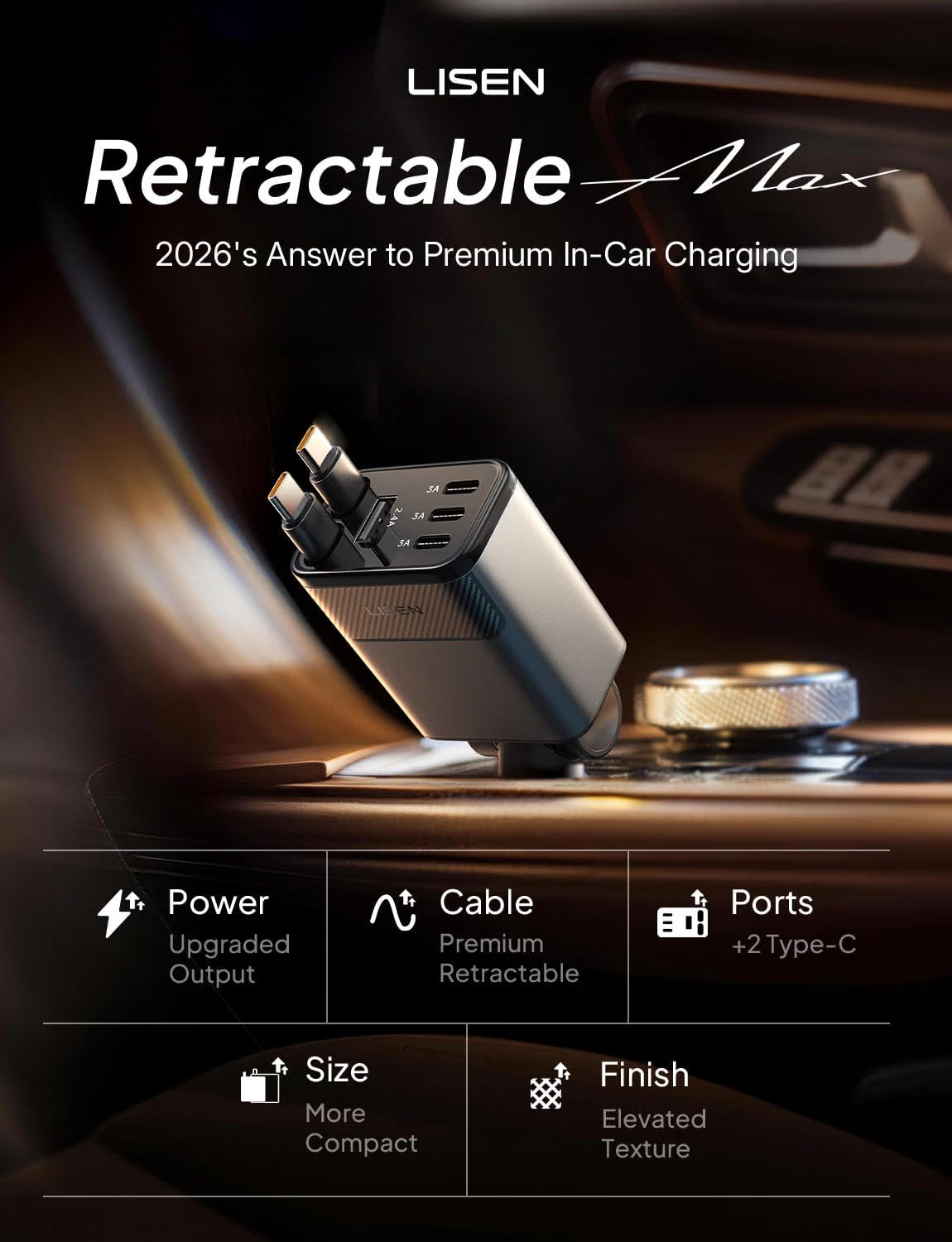 LISEN 138W Retractable USB C Car Charger Fast Charge 6-Port for iPhone 18