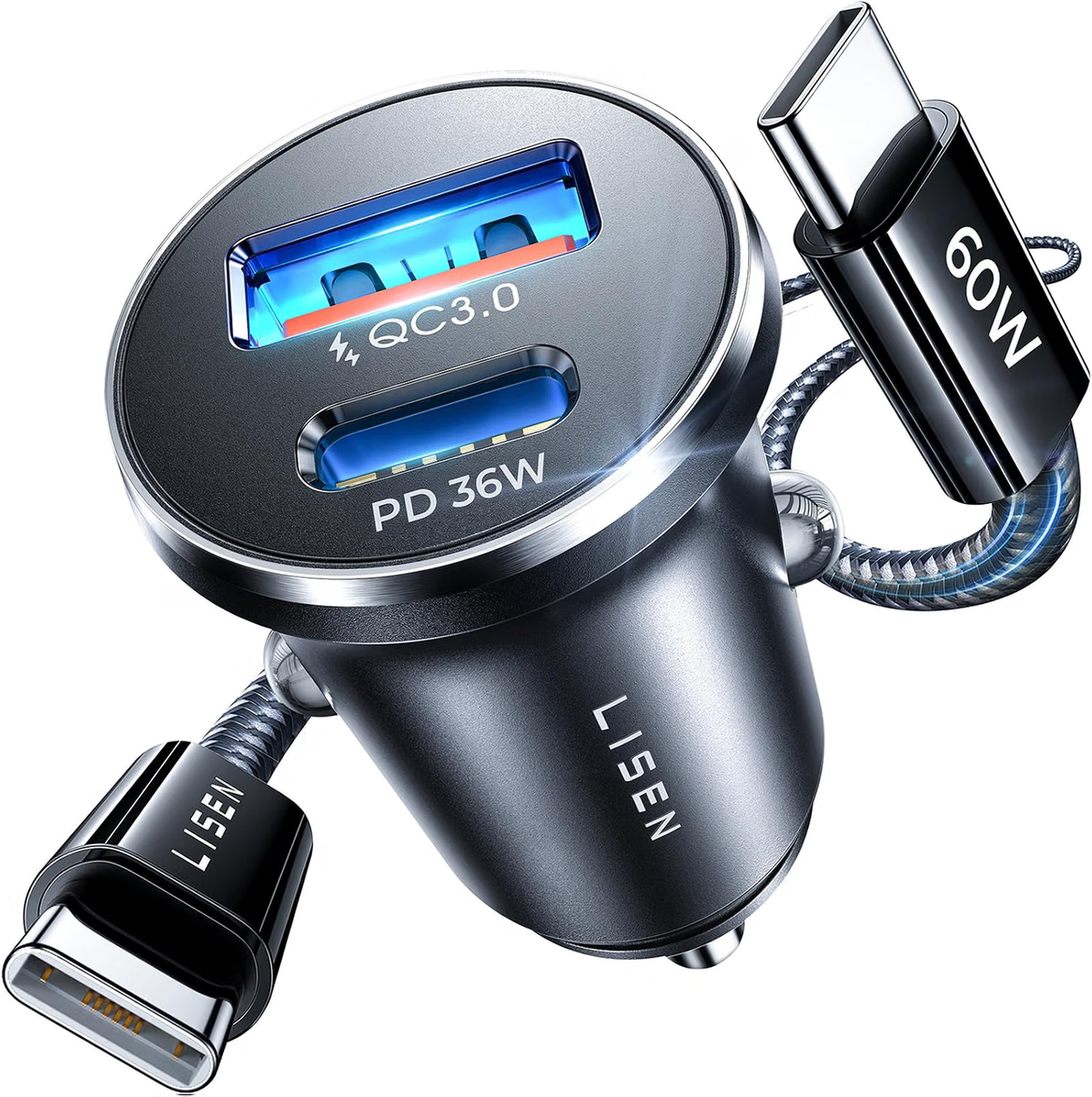 LISEN 54W Mini Car Phone Charger USB C Fast Charge PD/PPS/QC3.0 12V Adapter with C-C Cable UKCA CE Certified Metal Cigarette Lighter Charger for iPhone 17 Samsung Road Trip Car Camper Van Accessories