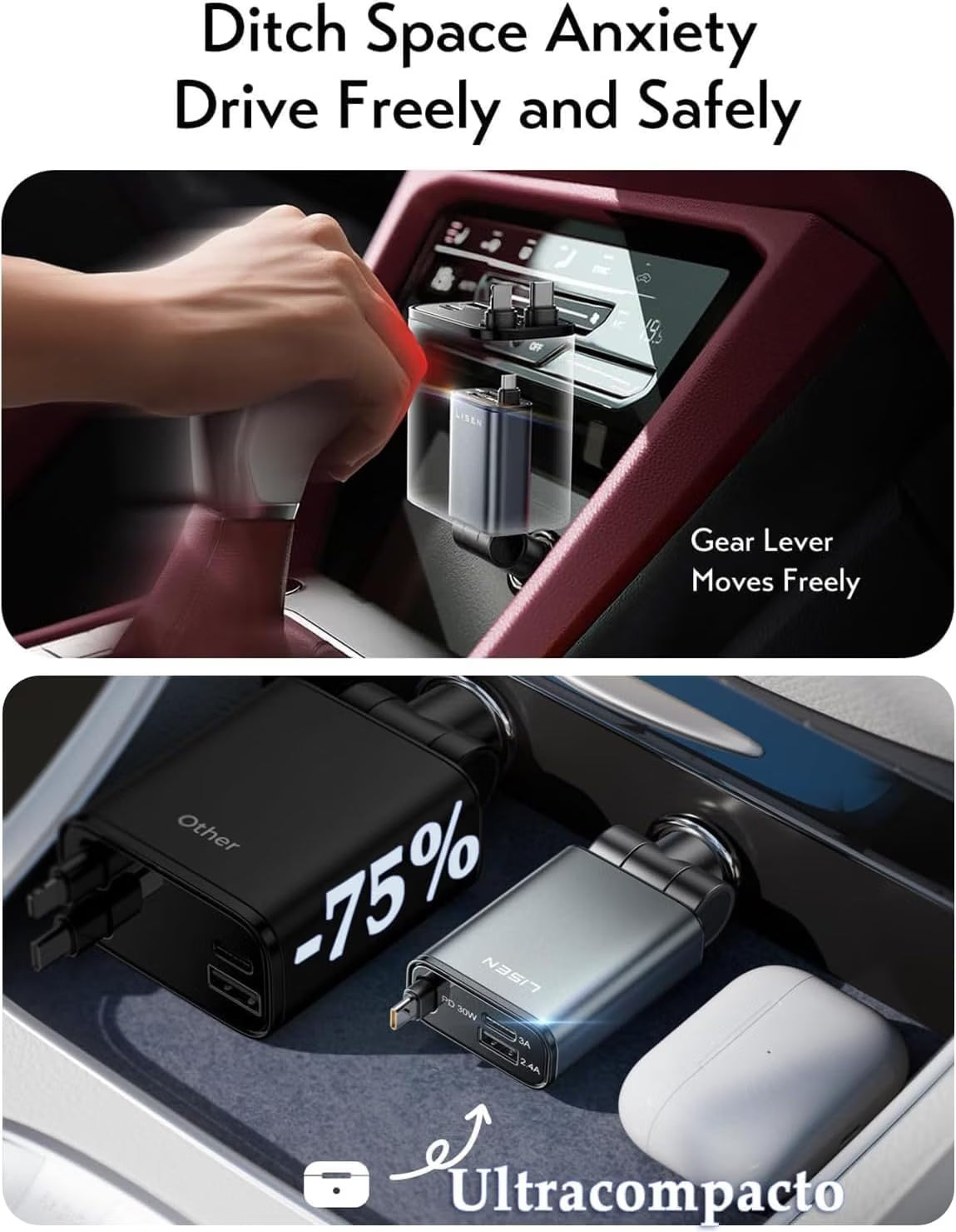 LISEN Compact 3 in 1 Retractable Car Phone Charger USB C Fast Charge 57W Cigarette Lighter USB Charger 80cm Type-C Cable, 12/24V Car Adapter Socket Car Accessories