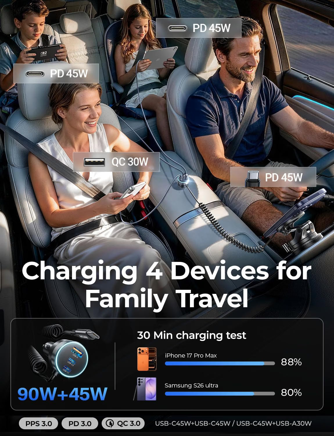 LISEN 4-in-1 Cigarette Lighter USB Charger Fast Charge Metal 12/24V Adapter 2×45W USB‑C+30W USB‑A+45W C Cable, 24V Car Phone Charger PD3.0/QC/PPS for iPhone 18 Samsung
