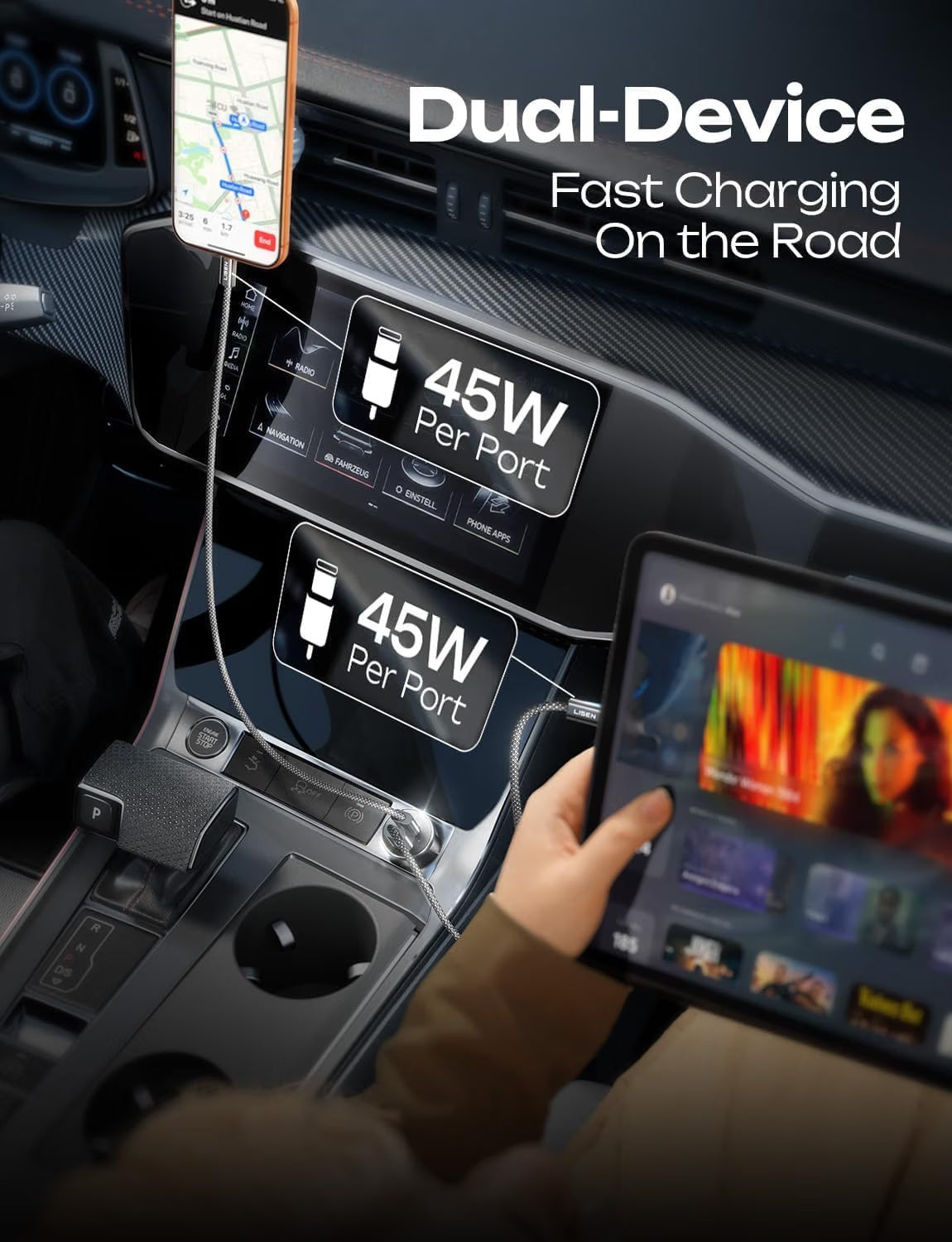 LISEN 90W USB-C Car Charger Fast Charge, PD 45W Type-C Adapter