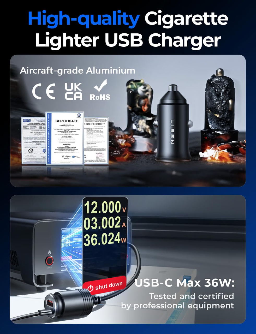 LISEN 54W Mini Car Phone Charger USB C Fast Charge PD/PPS/QC3.0 12V Adapter with C-C Cable UKCA CE Certified Metal Cigarette Lighter Charger for iPhone 17 Samsung Road Trip Car Camper Van Accessories