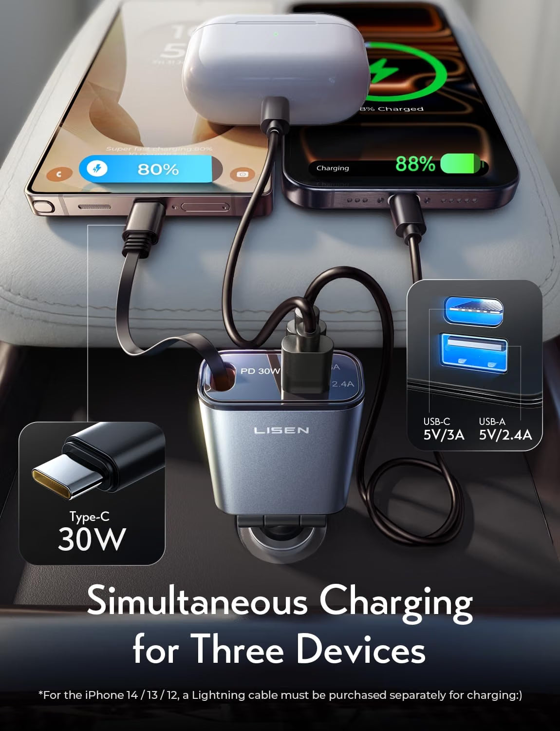 LISEN Compact 3 in 1 Retractable Car Phone Charger USB C Fast Charge 57W Cigarette Lighter USB Charger 80cm Type-C Cable, 12/24V Car Adapter Socket Car Accessories