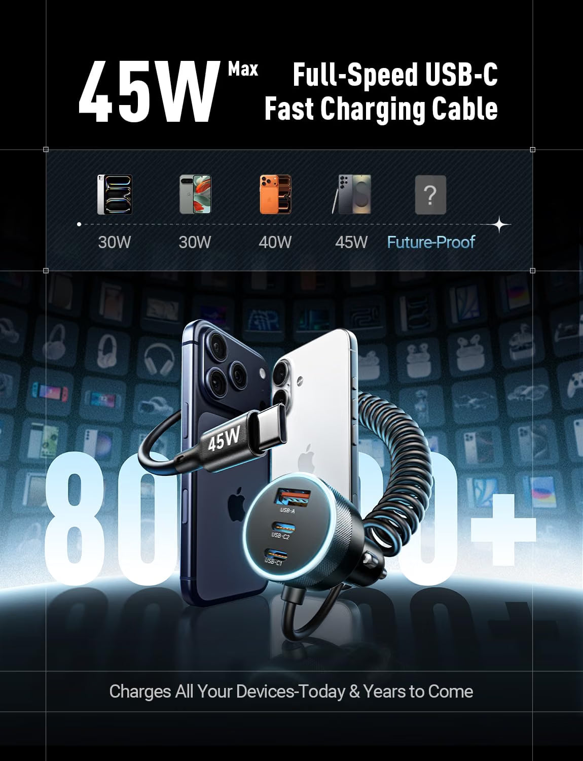 LISEN 4-in-1 Cigarette Lighter USB Charger Fast Charge Metal 12/24V Adapter 2×45W USB‑C+30W USB‑A+45W C Cable, 24V Car Phone Charger PD3.0/QC/PPS for iPhone 18 Samsung