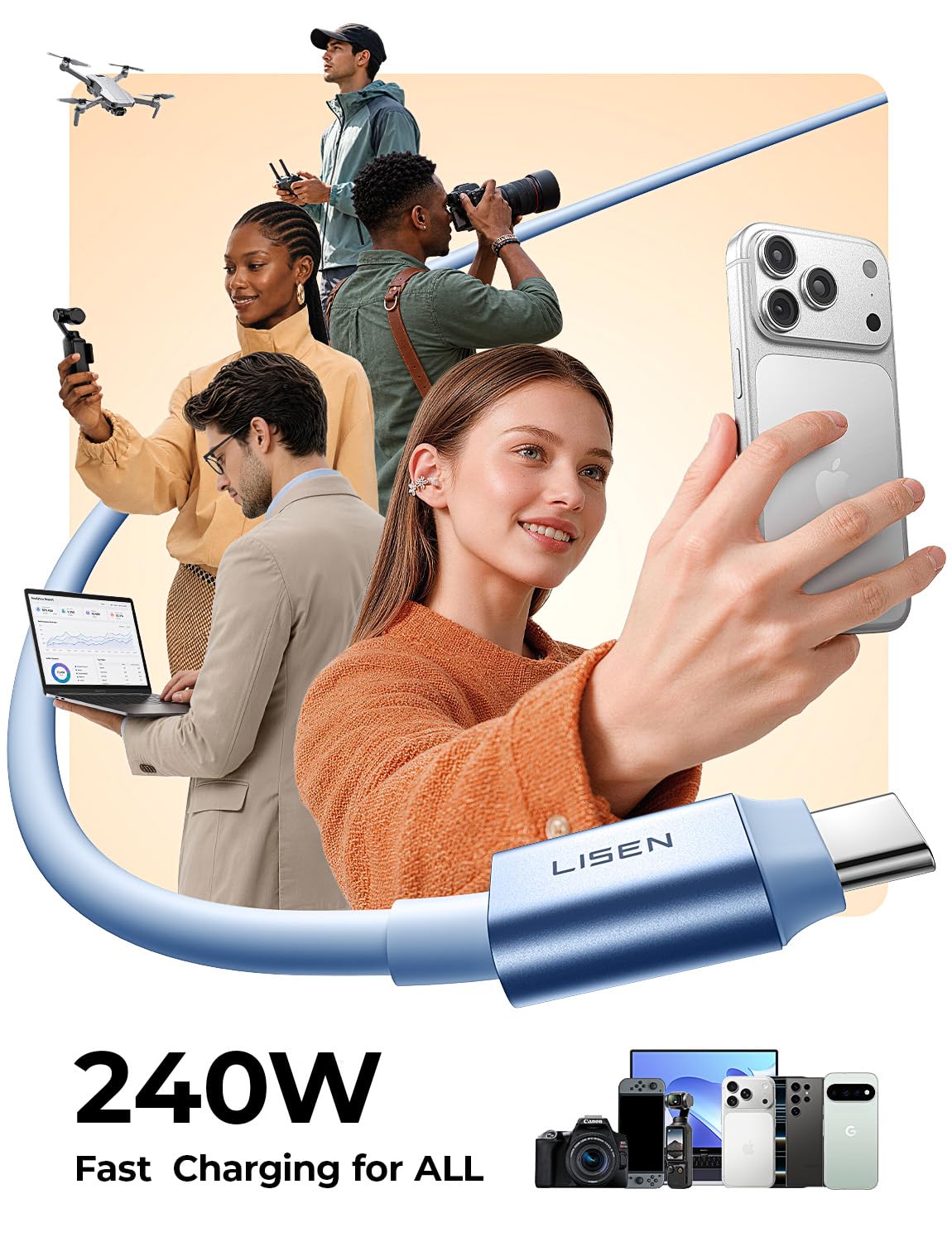 LISEN 240W Magnetic USB C Cable Fast Charging (2 Pack 5FT)