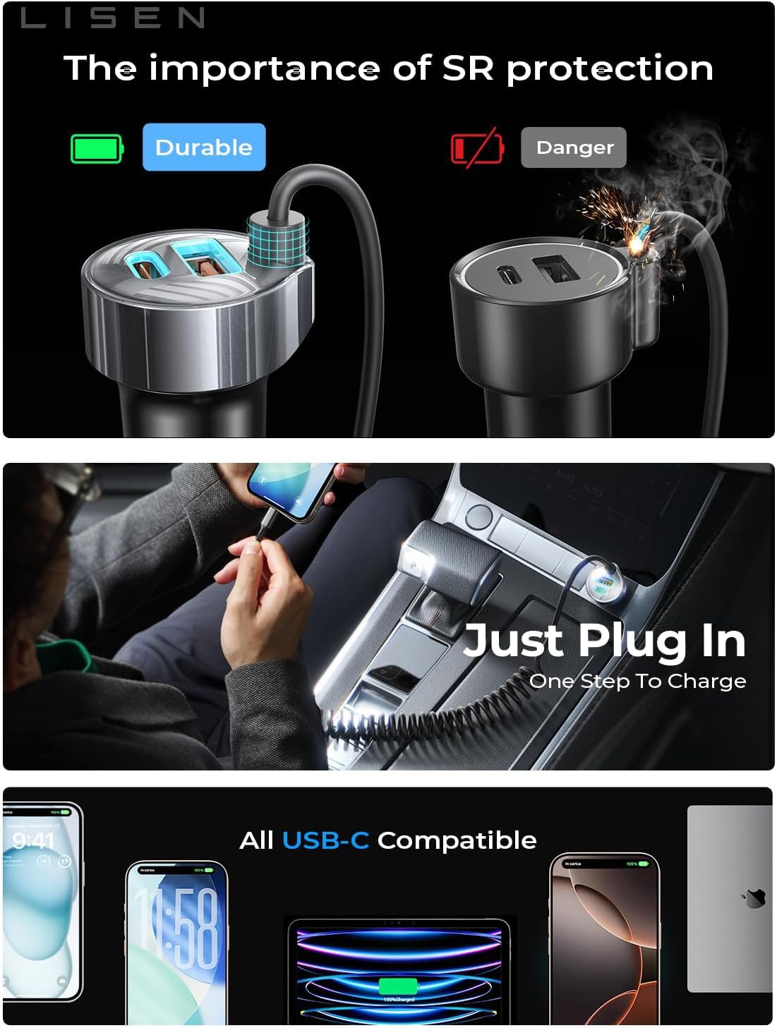 LISEN 90W iPhone 17 16 15 Pro Max用カーチャージャー USB C 急速充電、iPhone 15 16 17 Pro用超高速カーチャージャー タイプCアダプター iPhone 17 16 15 Air ProMax Plus、Samsung Galaxy S25、Pixel、Android用