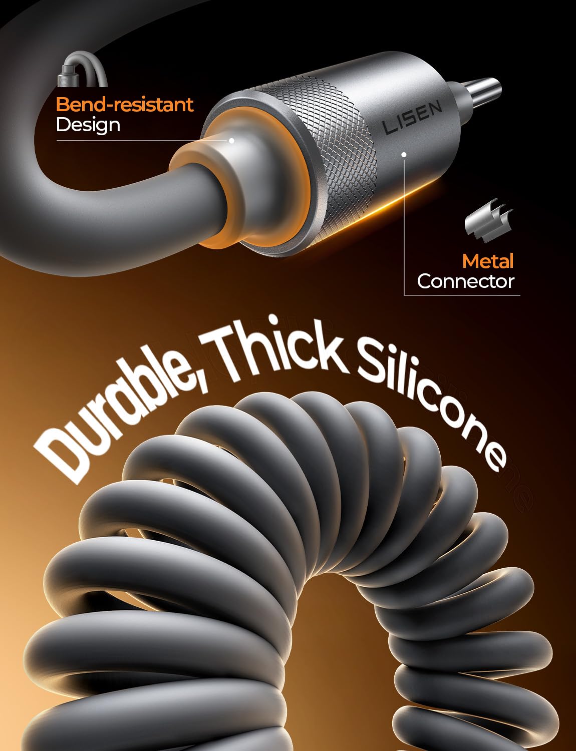 LISEN コイル状 USB C ケーブル 2本パック Android Auto &amp; CarPlay ケーブル用 ショート USB A - USB C ケーブル iPhone 17/16/15、Samsung Galaxy S25/S24/S23 A15/A14、Google Pixel 9/8 対応 スペースグレー 4フィート