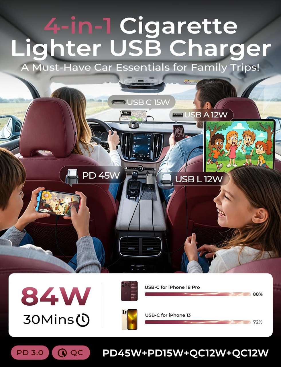 LISEN車 充電器巻き取りしがーソケット usb【2026年・69W急速充電・最小4in1】シガーソケット USB-C+USB-L 80cmケーブル