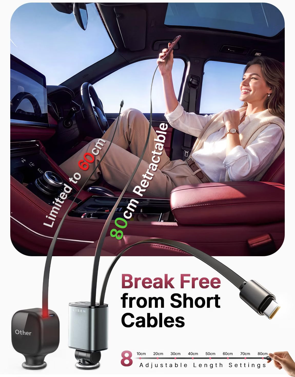 LISEN 84W Fast Charge Car Phone Charger USB C Retractable Cable (2×80cm)