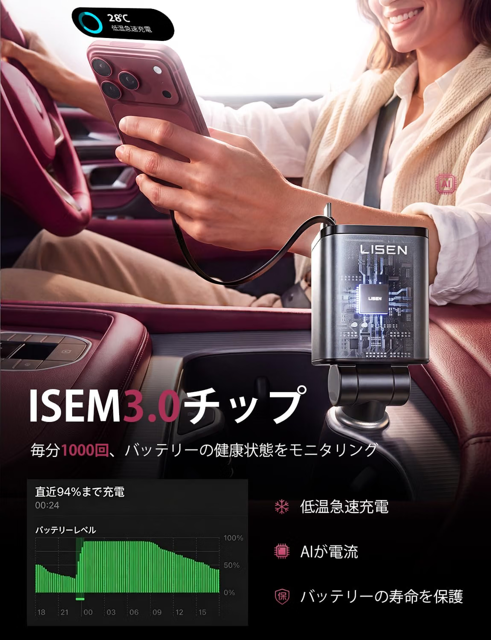 LISEN 84Wシガーソケット usb c 車 充電器【巻き取り式・タイプc 2本・2026最小4in1設計】しがーソケット usb 急速充電
