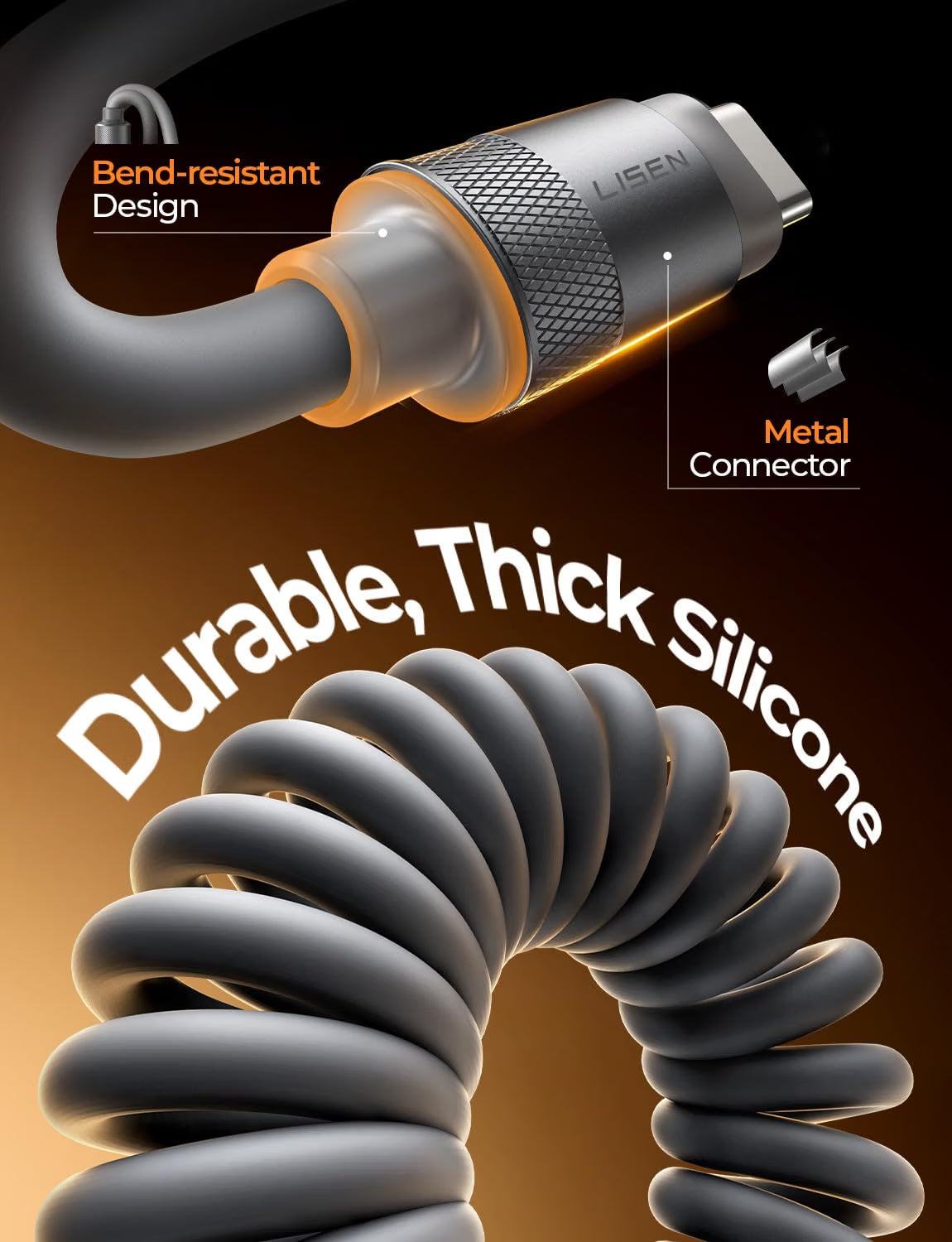 LISEN Coiled USB C Cable 2 Pack 60W Chubby Cable C to C Cable Fast Charging
