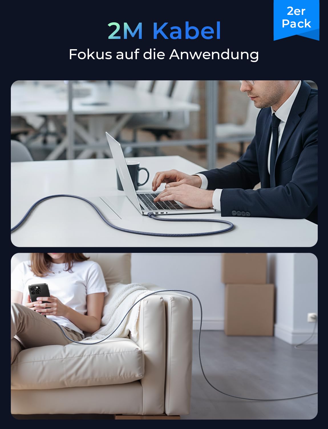 LISEN USB C Kabel 2M 240W Ladekabel USB C 2 Stück