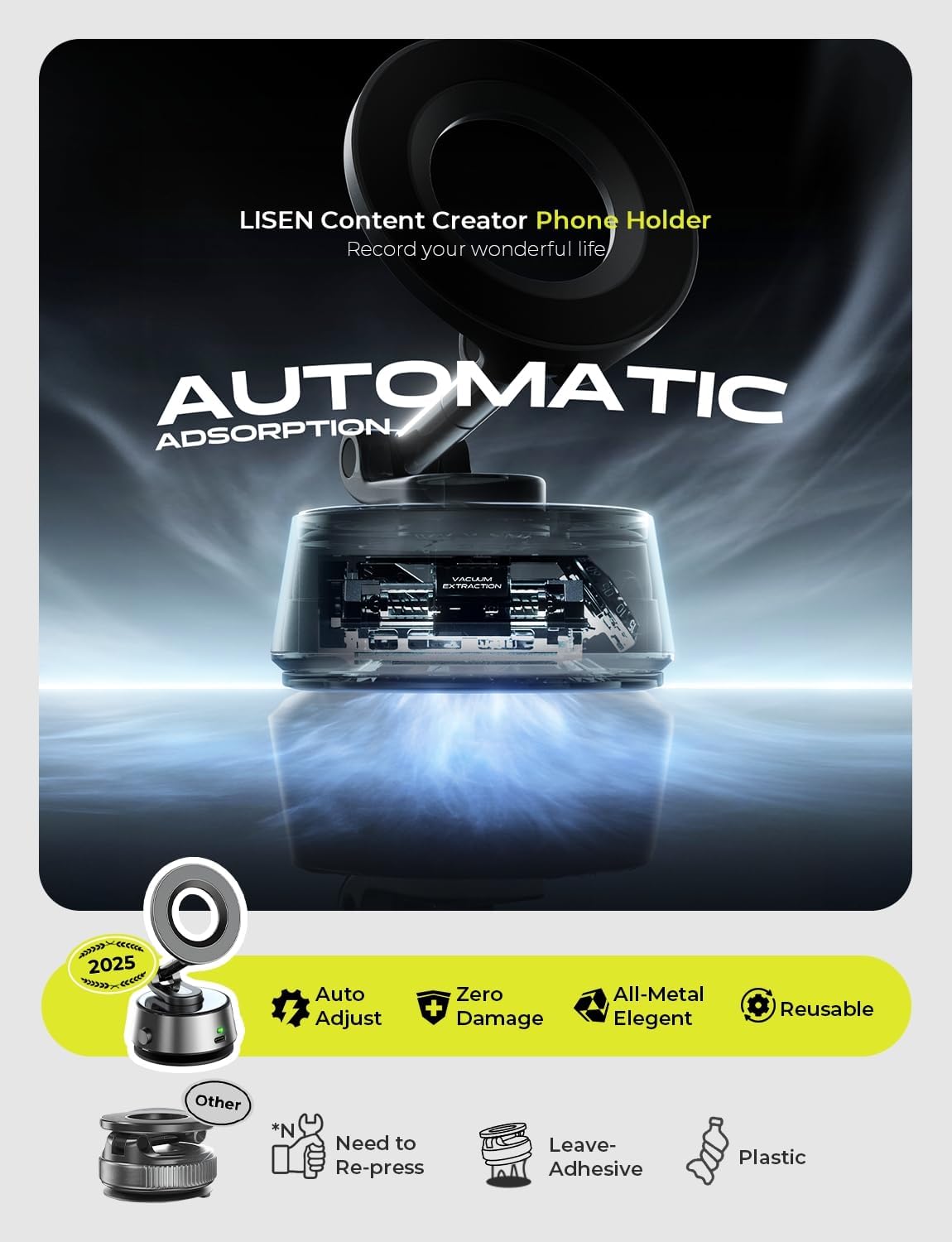 LISEN 360度調整可能真空マグネット式スマホホルダー