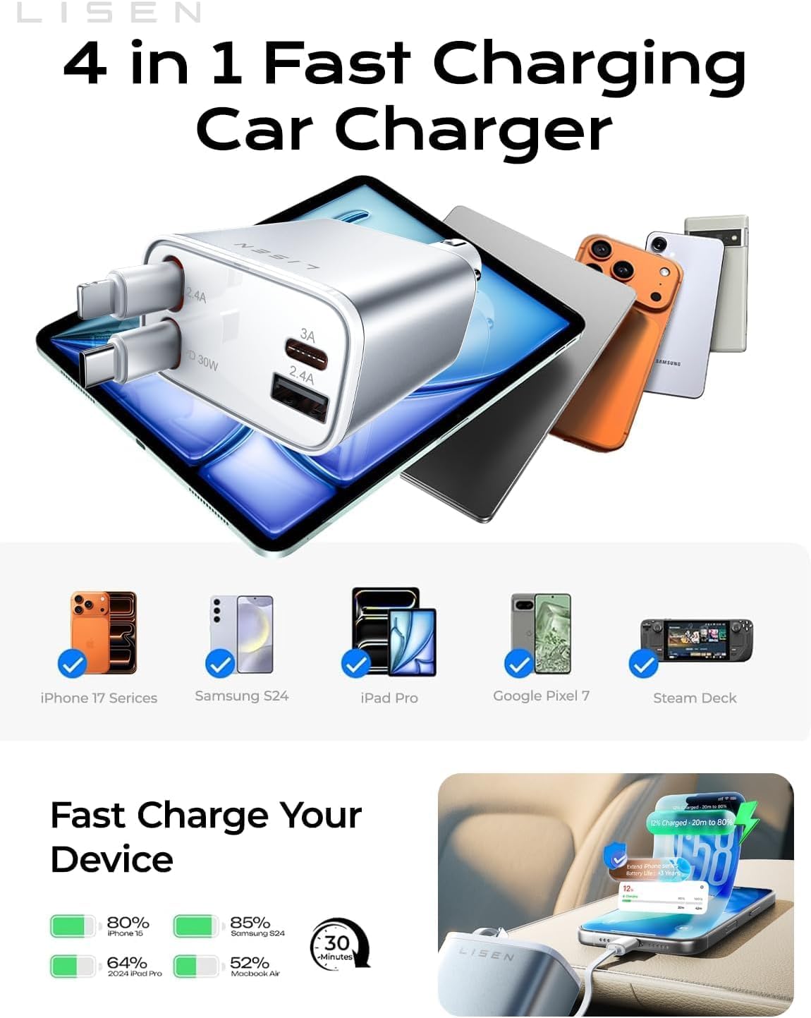 LISEN einziehbares Kfz-Ladegerät für iPhone