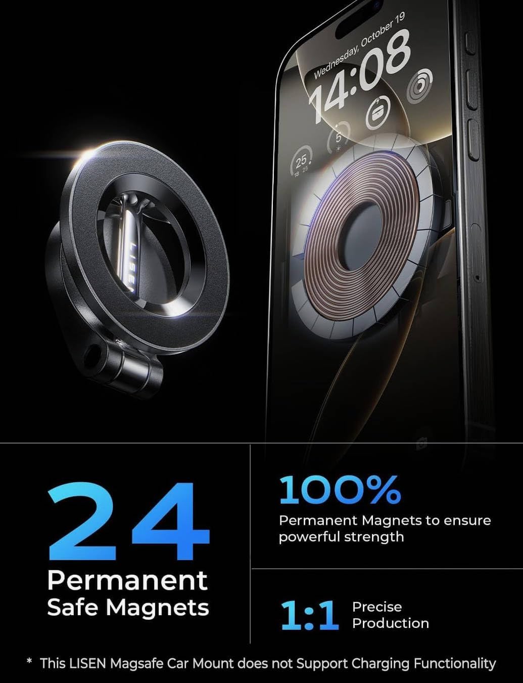 LISEN MagSafe カーマウント iPhone 17 PRO MAX用 超小型 超マグネット式電話ホルダー 車のダッシュボード用 車載電話ホルダー 女性 男性用カーアクセサリー iPhone17 Pro/Air/Max 16 15 14 13に対応