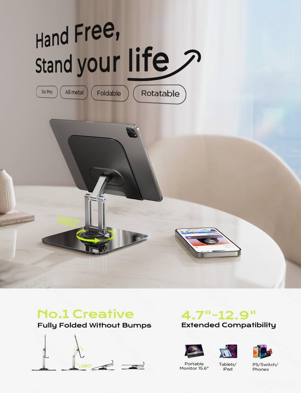 LISEN Soporte para Tablet 360° Metálico Base para iPad Stand de Escritoric Ajustable Soporte para Celular and Kindle