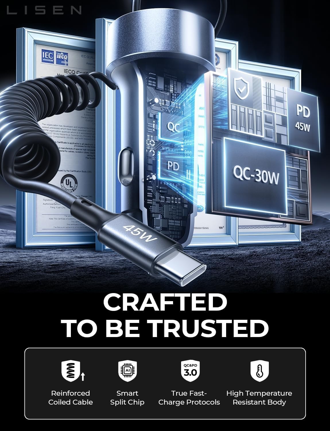 LISEN 90W iPhone 17 16 15 Pro Max用カーチャージャー USB C 急速充電、iPhone 15 16 17 Pro用超高速カーチャージャー タイプCアダプター iPhone 17 16 15 Air ProMax Plus、Samsung Galaxy S25、Pixel、Android用