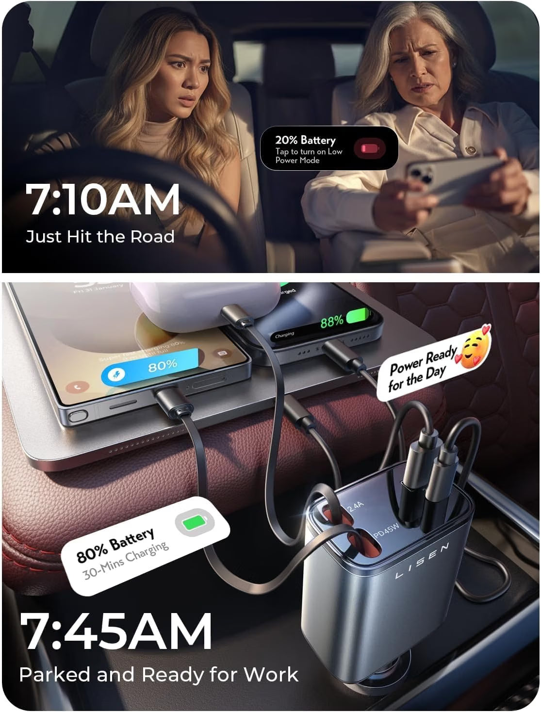 Birthday for Women Men Drivers - LISEN 4 in 1 Car Charger 84W Retractable 12V USB C Adapter Socket Cigarette Lighter Charger Car Accessories Gadgets for iPhone 17 15